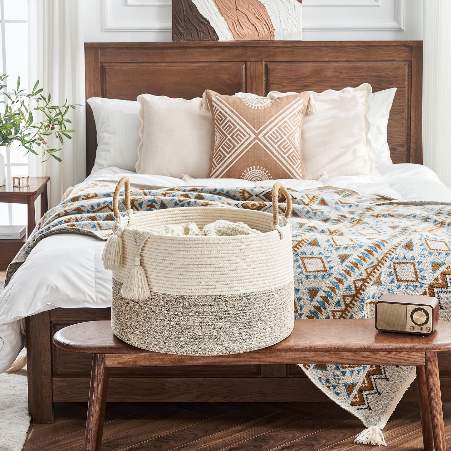 KAKAMAY Cotton Rope Storage Basket (20"x13"),Woven Hamper for Blankets,Toys,Pillows,Clothes,Laundry,Sturdy Handles Decorative Basket for Living Room, Bedroom,Nursery(Beige)