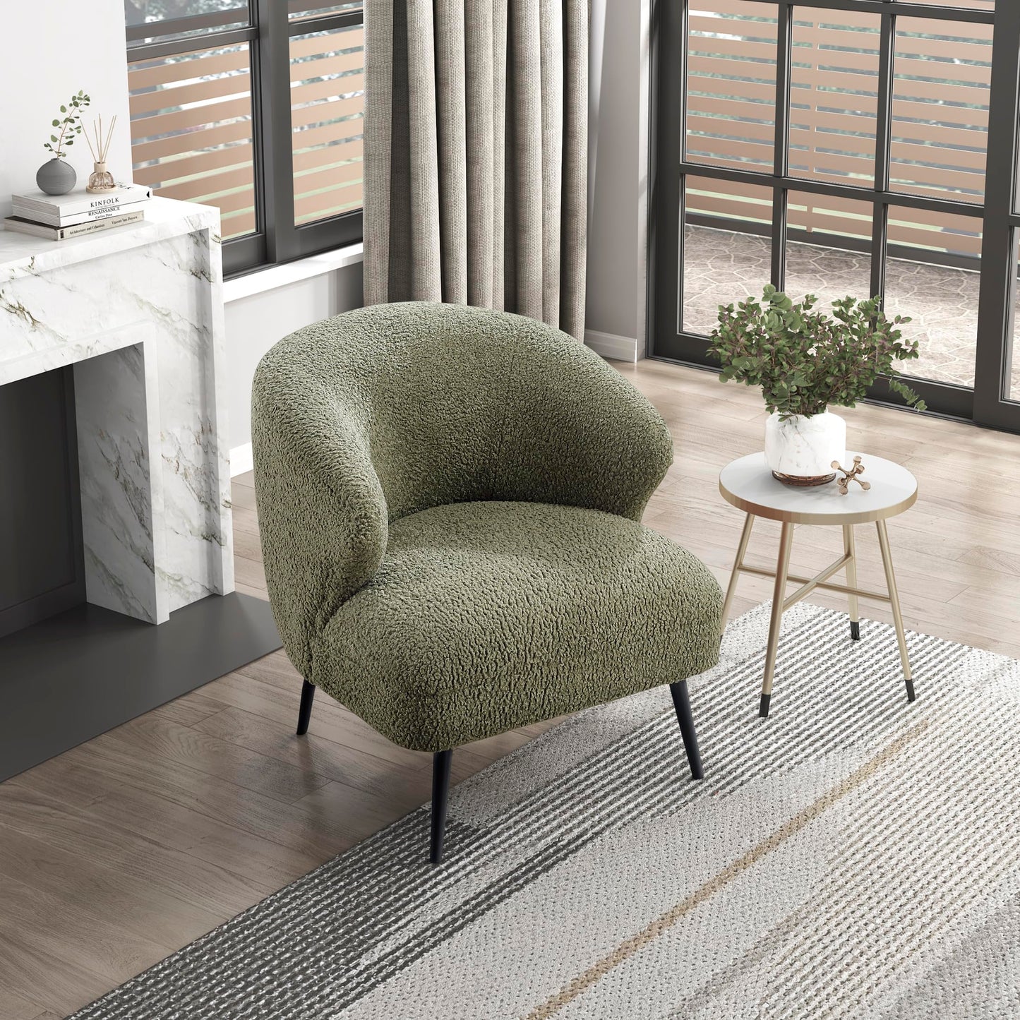 Lexicon Modern Accent Chair, Boucle Fabric Upholstered Single Sofa Chair with Curved Back for Living Room/Bedroom/Office/Apartment, Green