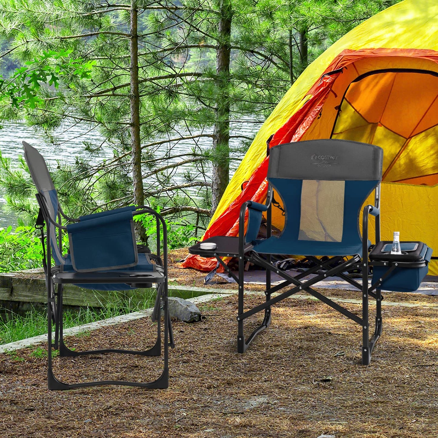 COSTWAY 2-Pack Folding Camping Chair, Heavy-Duty Director Chair Supports 400lbs for Adults with Side Table, Cooler Bag, Storage, Strap, Portable Makeup Chair Set of 2 for Fishing Picnic, Blue