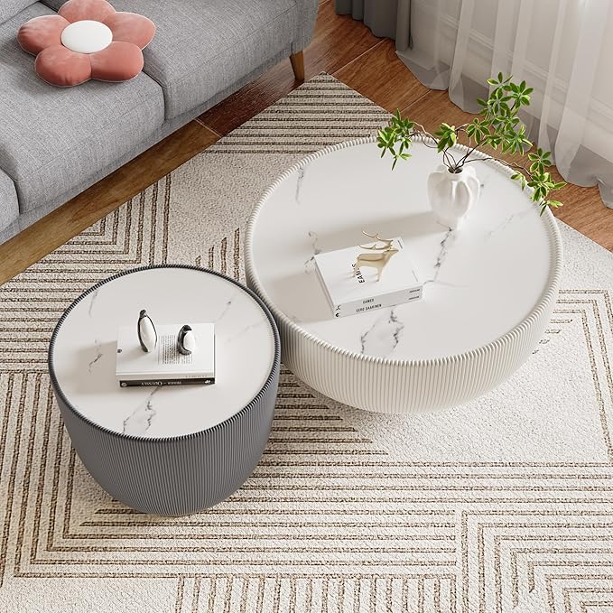 SSLine Bowl-Shape Coffee Table Set of 2 Modern Sintered Stone Top Nesting