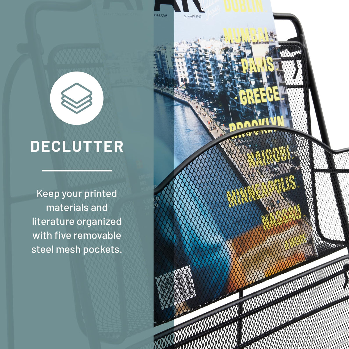 Safco Onyx Mesh Magazine Holder, Ladder Style Display Rack with 5 Pockets, Brochure Organizer, Commercial-Grade Steel Construction, Black