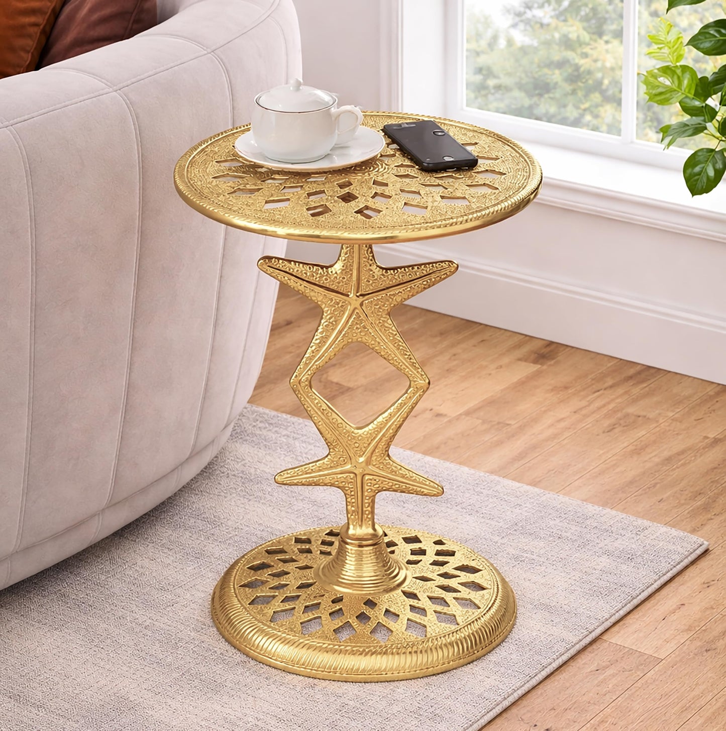 Round End Table with Metal Base for Living Room & Bedroom | Modern Side Table for Home, Office, Indoor & Outdoor Use | Pedestal Accent End Table, Gold, 15 x 19 Inch