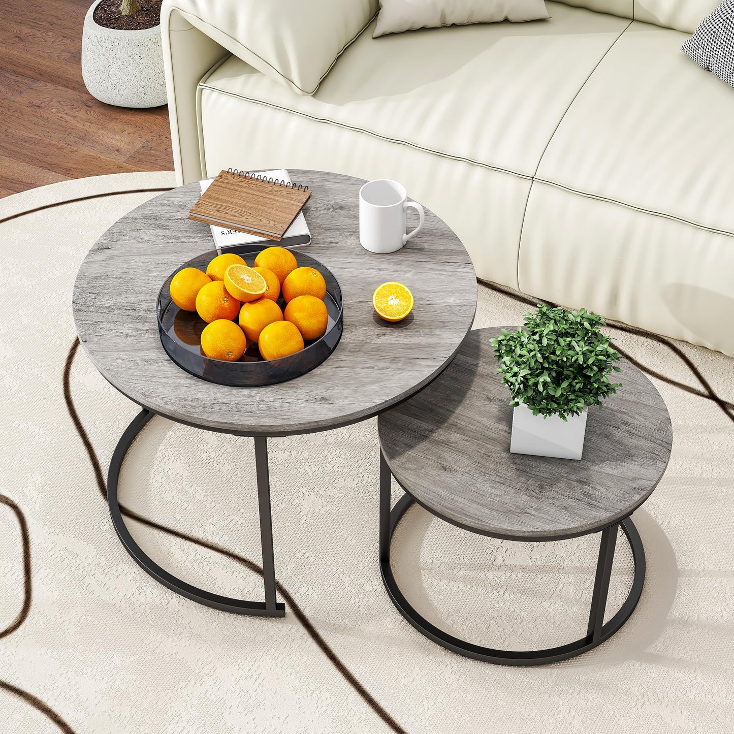 HOJINLINERO Round Coffee Table,Nesting Coffee Table Set of 2,Center Tables for Living Room,Office, Home Small Space,Stacking Side Tables,Sturdy and Easy Assembly,Wood Desktop,Black+Warm Grey,Large