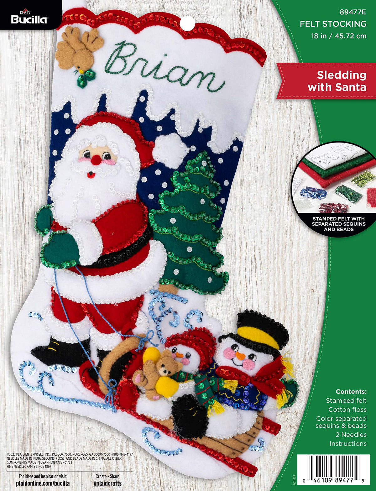 Bucilla Felt Applique 18" Stocking Making Kit, Sledding with Santa, Perfect for DIY Arts and Crafts, 89477E