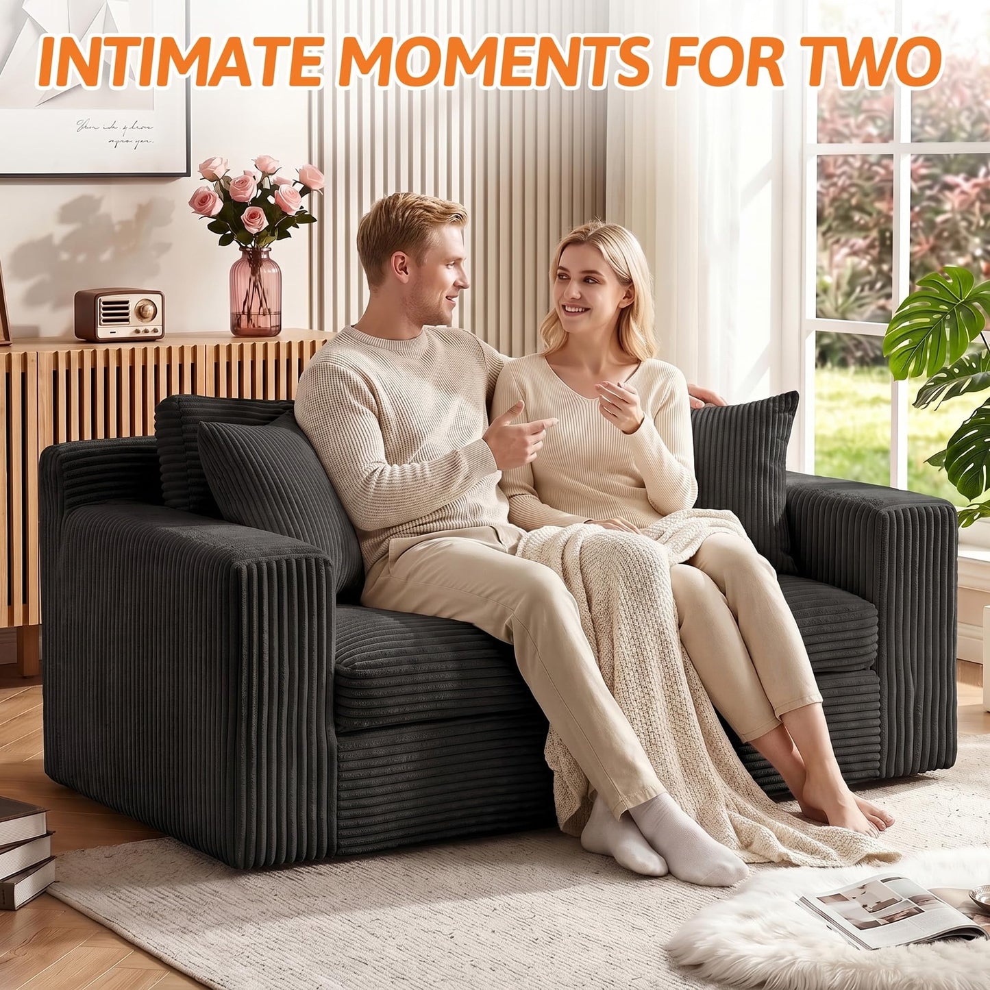 Erament Boneless Loveseat Sofa Couch, 2 in 1 Convertible Sofa Bed with Pillows, Fold Out Bean Bag Chair Boneless Floor Couch for Living Room Bedroom Office Lounge Apartment, No Assembly Needed, Black