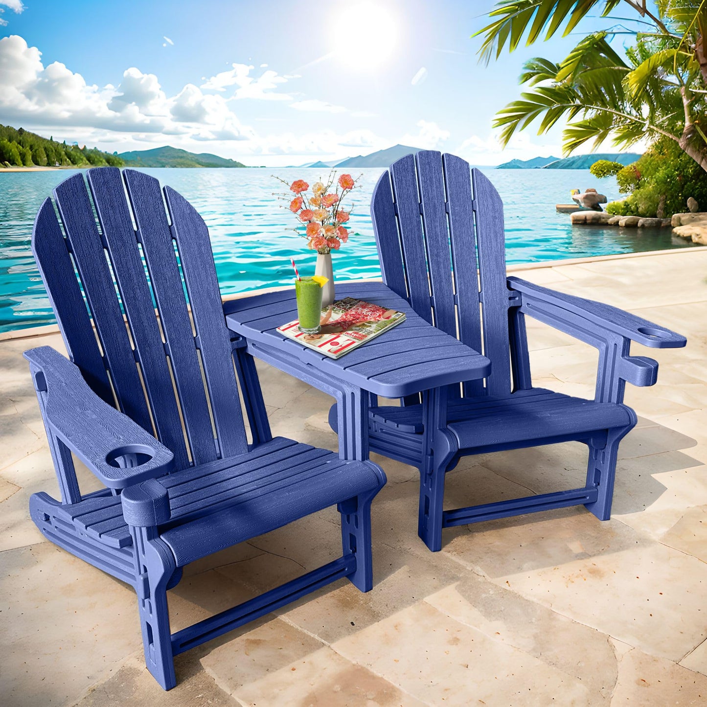 Adirondack Chairs Set of 2 Tool-Free Assembly,Removable Tabletop Tray,No Screws Needed,All-Weather HDPE Outdoor Patio Furniture Set with Cup Holders,Outdoor Lawn Chair for Patio Garden(Navy Blue)