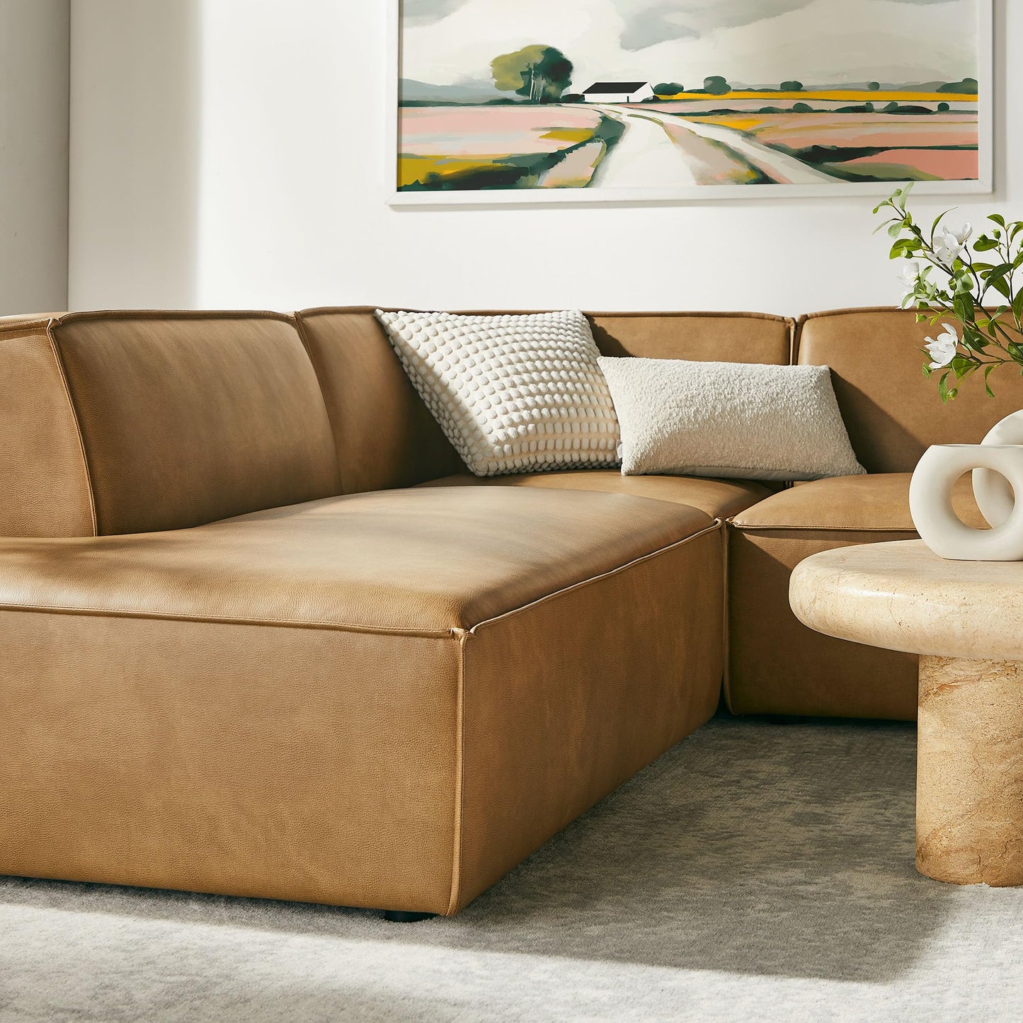 Modway Restore Faux Leather 6-Piece Modular U-Shaped Armless Sectional Sofa in Toast – Vegan Leather Couch with Left-Facing Chaise, Right-Facing Armless Chaise, and Two Armless Chairs