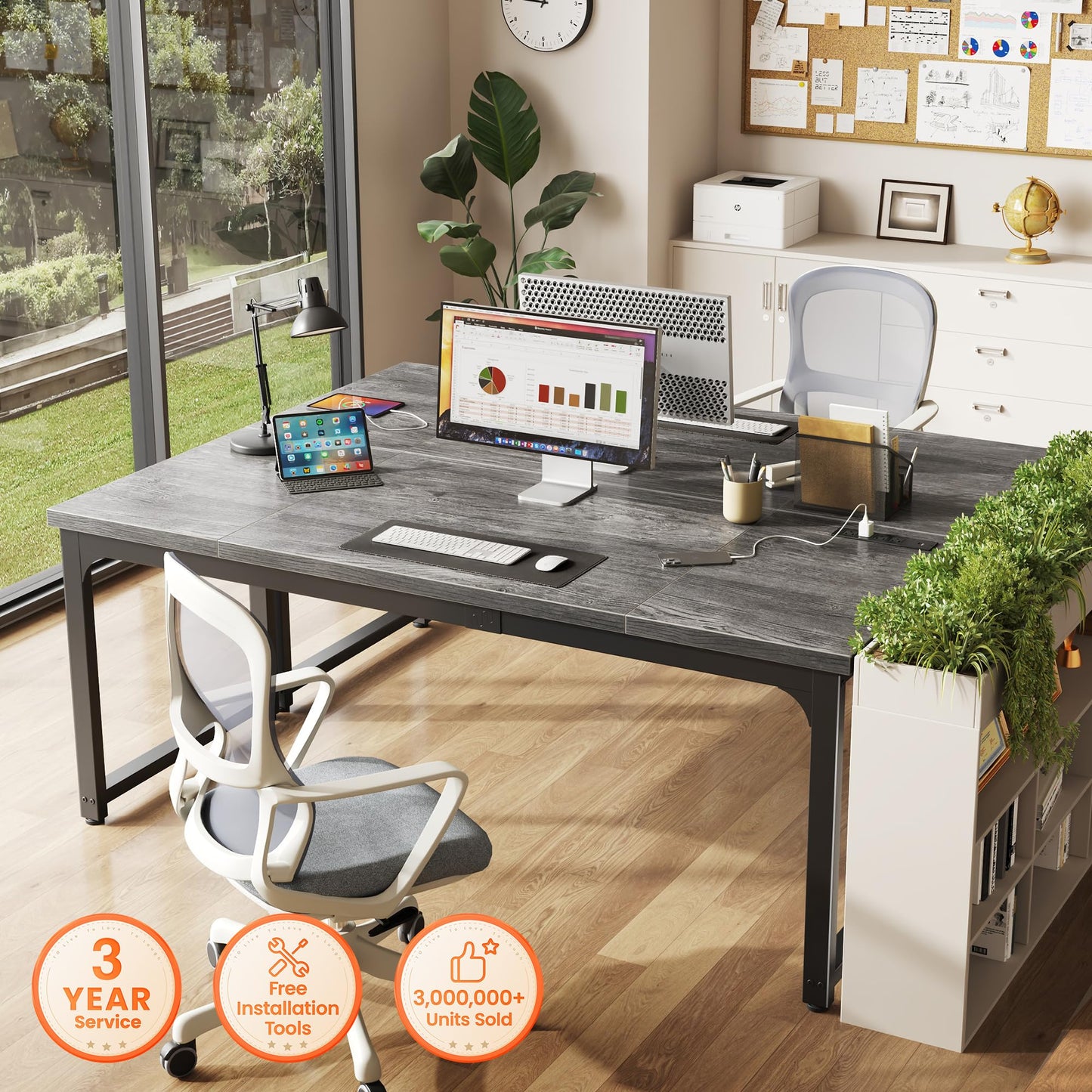 Huuger 63 x 24 inch Desk with Power Outlets & USB-C, Deeper & Thicker Desktop, Robust Metal Tubes, Computer Desk, Heavy Duty Office Desk, Work Gaming Desk, for Home Office, Grey