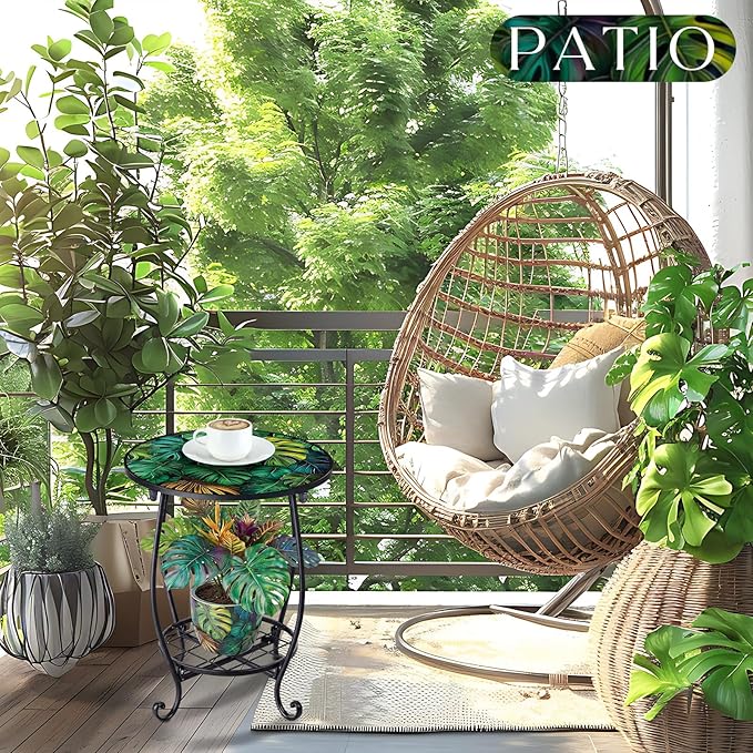 Cinnvoice Outdoor Side Table Round Small Mosaic Patio Accent Indoor End Plant