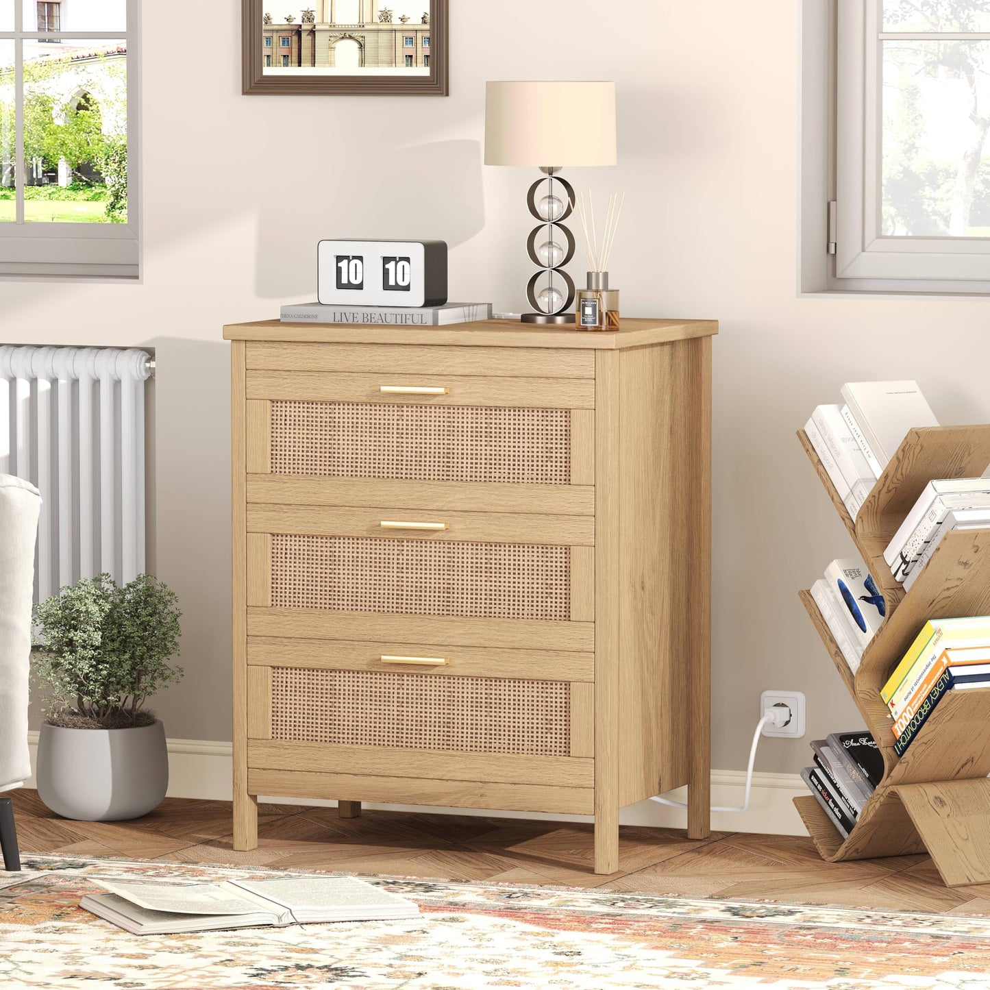 Keehusux Rattan Nightstand with Charging Station, 23.6" Wide Bedside Table with 3 Drawers, Boho Night Stand with Metal Handles, Accent End Table for Bedroom, Guest Room, Natural