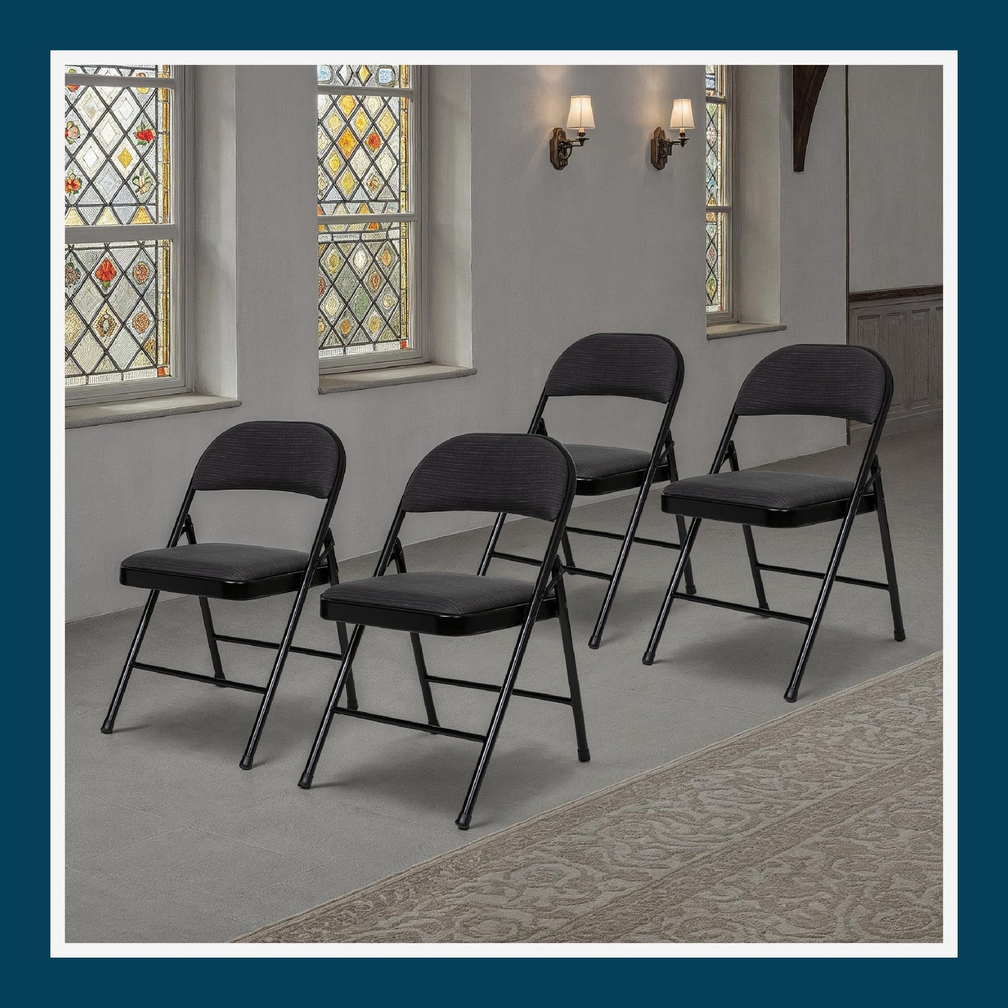 OEF Furnishings OEF970 Series Premium Fabric Padded All Steel Folding Chairs, Comfort Cushioned Seat & Back for Meeting Office Training Rooms (4 Pack, Cosmic Black)