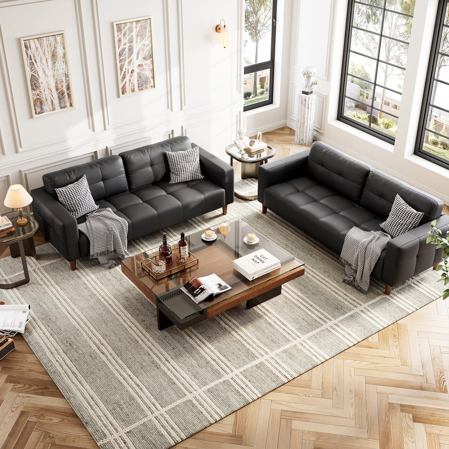 GarveeHome 3-Seater Sofa Couch, 83" Wide Faux Leather Sofa Couch with Spring Cushion, Modern Sofa with Deep Seats and 2 Removable Back Cushions, for Living Room, Apartment, Office, Modern Black