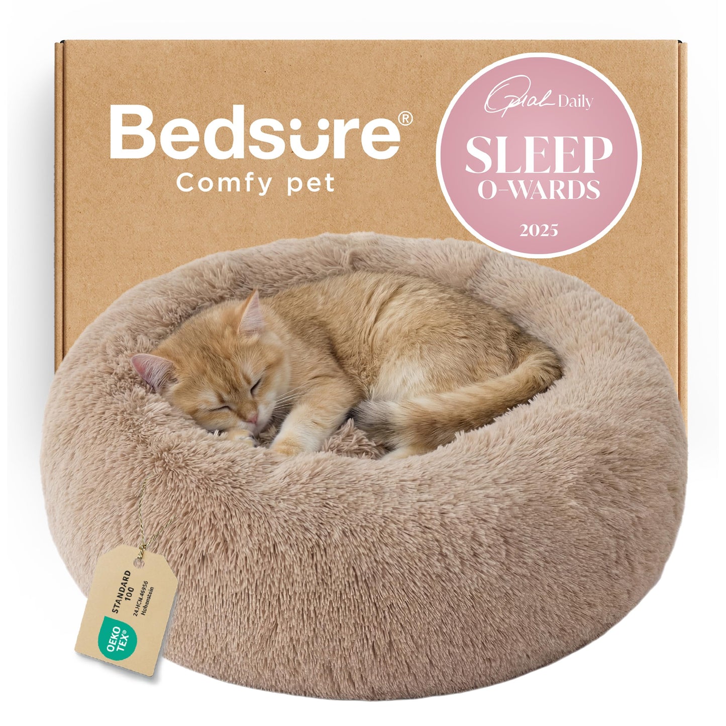 Bedsure Calming Cat Beds for Indoor Cats - Small Cat Bed Washable 20 inches, Anti-Slip Round Fluffy Plush Faux Fur Pet Bed, Fits up to 15 lbs Pets, Camel