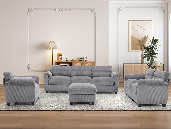 HAOMARKETS Corduroy 4-piece Sofa Set, Upholstered Ottoman, Loveseat 2-Seater