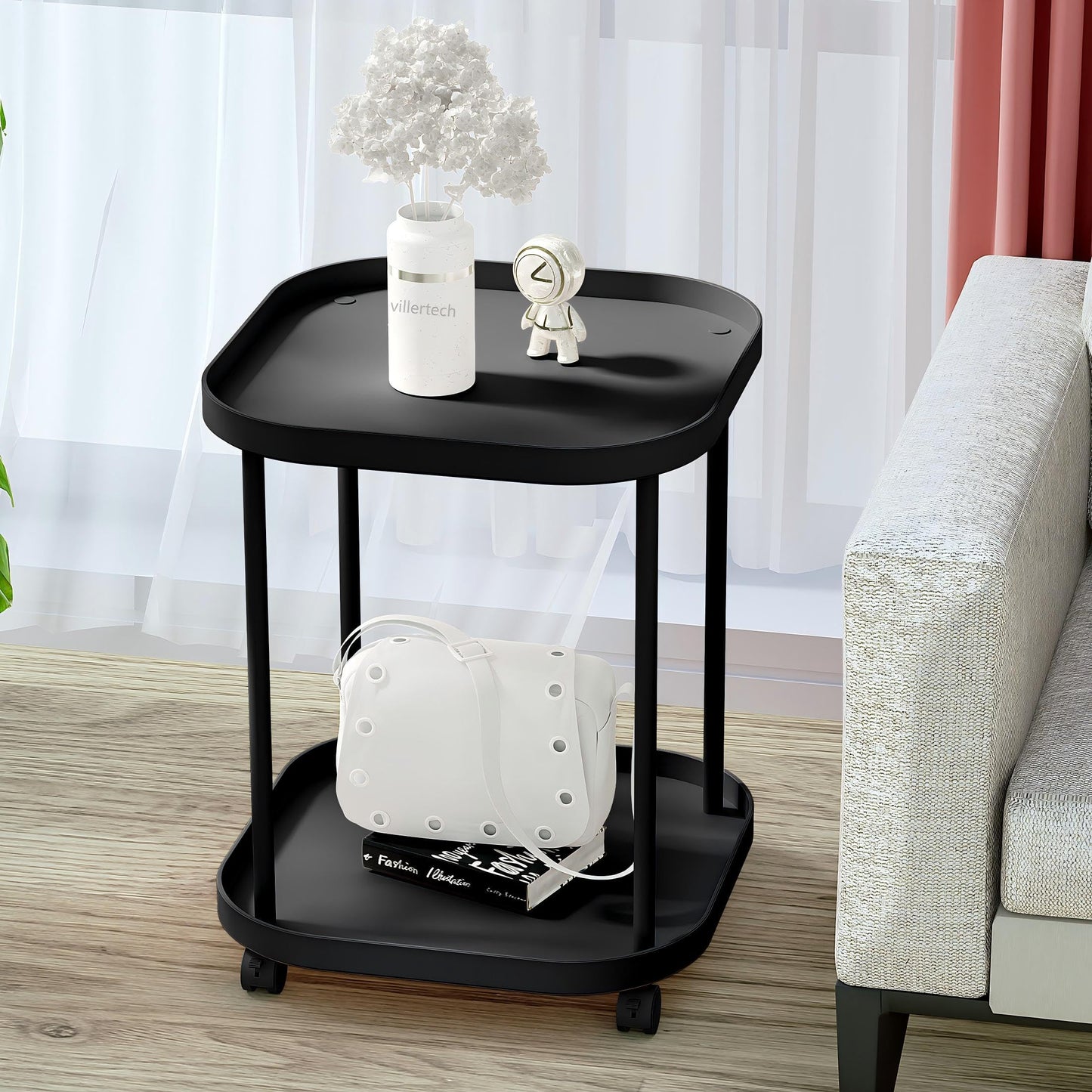 villertech Side Table with Wheels, End Table Living Room Plastic Mobile Sofa Side Table Small Night Stand Bedroom Black