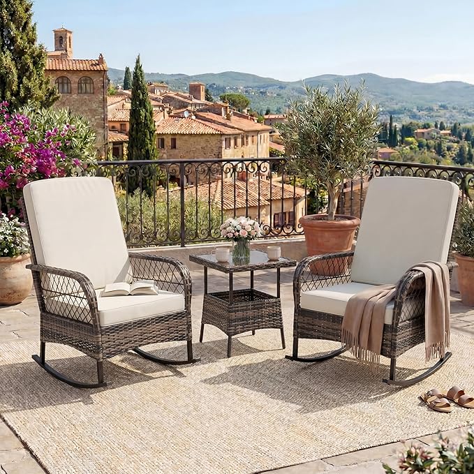 GarveeHome 3-Piece Outdoor Rocking Chair Set, Wicker Rattan Patio Furniture