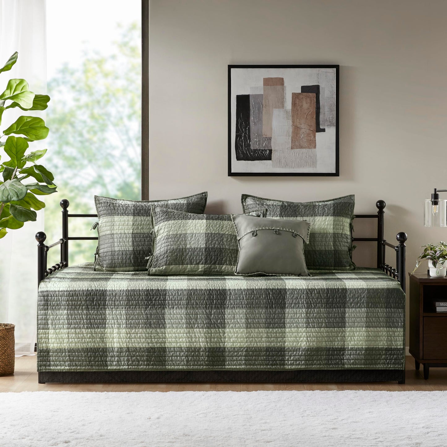 Madison Park Ridge Daybed Cover Set - Cabin Lodge Plaid Herringbone Print Reversible Design, All Season Luxury Bedding with Bedskirt, Matching Shams, Decorative Pillow, 39"x75", Grey 6 Piece