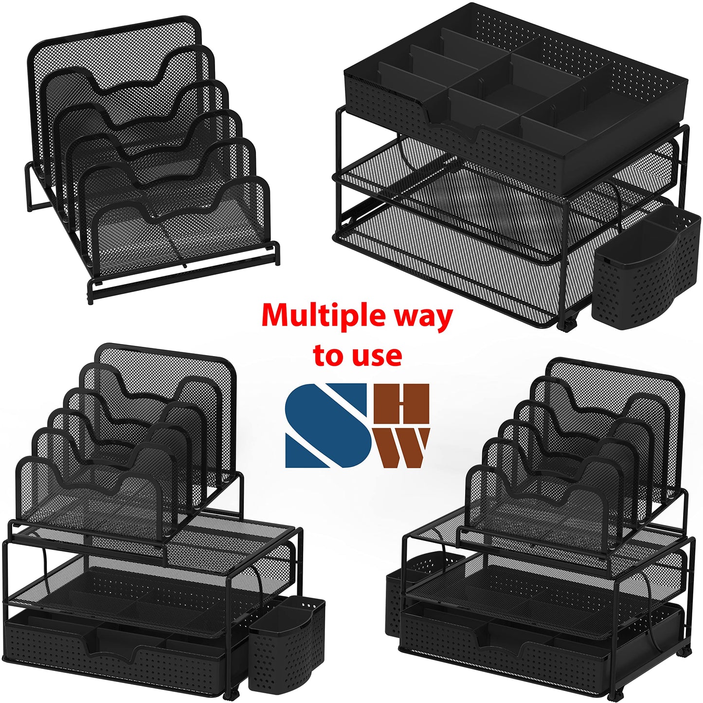 Simple Houseware Mesh Desk Organizer with Sliding Drawer, Double Tray and 5 Stacking Sorter Sections, Black