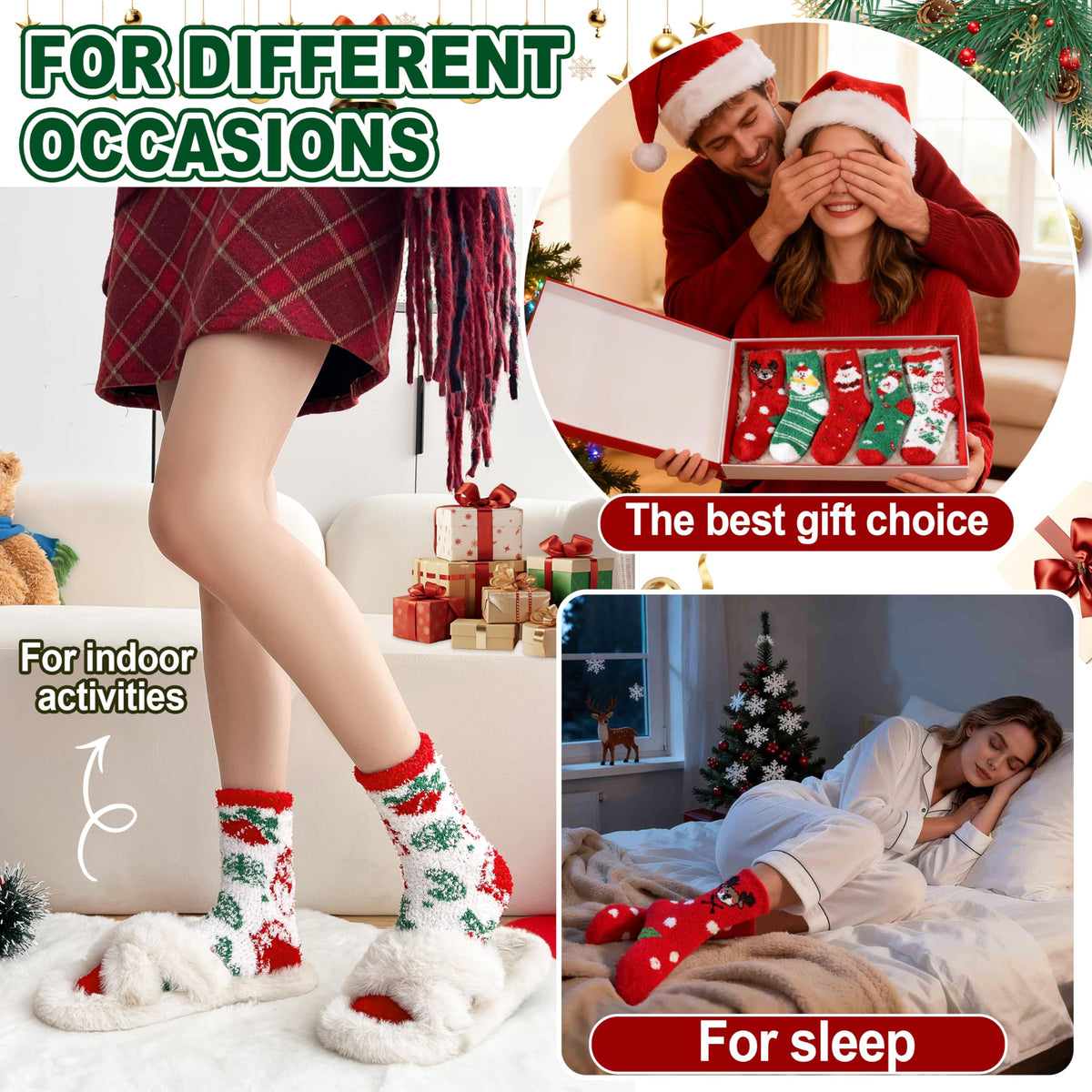 Sandsuced Fuzzy Christmas Socks for Women Fluffy Cozy Winter Warm Cute Fun Plush Comfy Fleece Sleep Christmas Gifts Cabin Socks Stocking Stuffers for Womens Mom 5 Pairs(Christmas Series,M)
