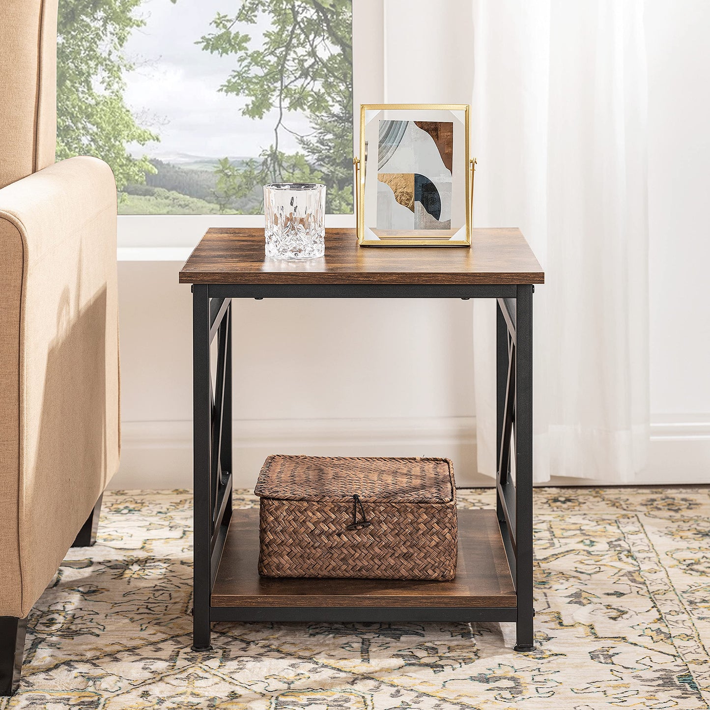 KSWIN Industrial End Table, 18" Square Side Table with 2-Tier Storage Shelf, X-Design Metal Frame, Rustic Brown Nightstand Bedside Table for Living Room, Bedroom