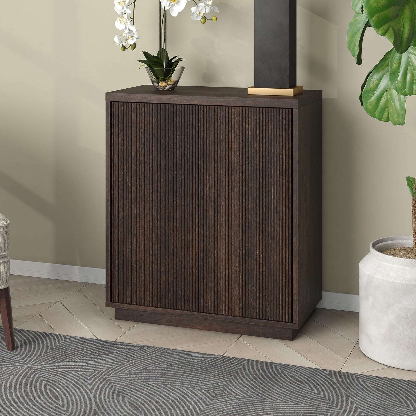 Henn&Hart 28" Fluted Wooden Accent Cabinet, Ribbed Modern Sideboard Buffet Cabinet with 2 Doors and an Adjustable Shelf for Living Room, Dining Room, Bedroom or Entryway, Cloud White