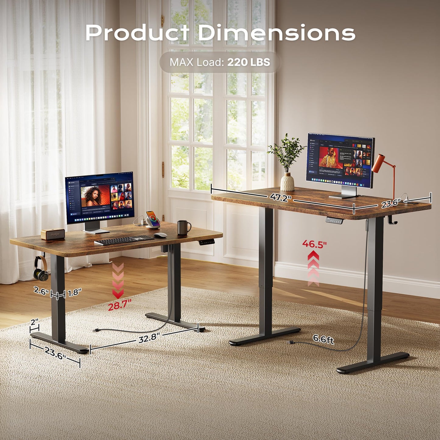Huuger Electric Standing Desk with Power Outlets and USB-C Port, 47 X 24 Inch Height Adjustable Desk, Sit Stand Desk for Home Office, Computer & Gaming Desk with 4 Presets, Rustic Brown