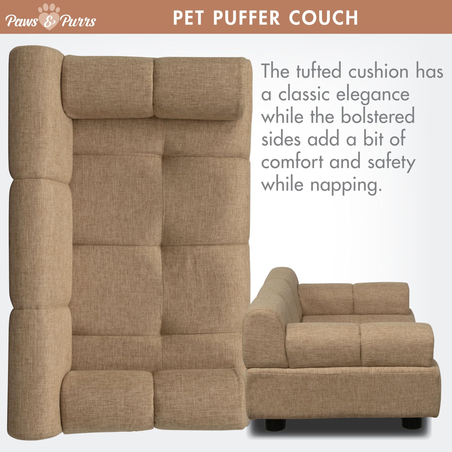 Paws & Purrs Puffer Pet Sofa Bed, Dog or Cat Couch with Tufted Cushion and Armrest, Stylish Indoor Pet Furniture, Sand