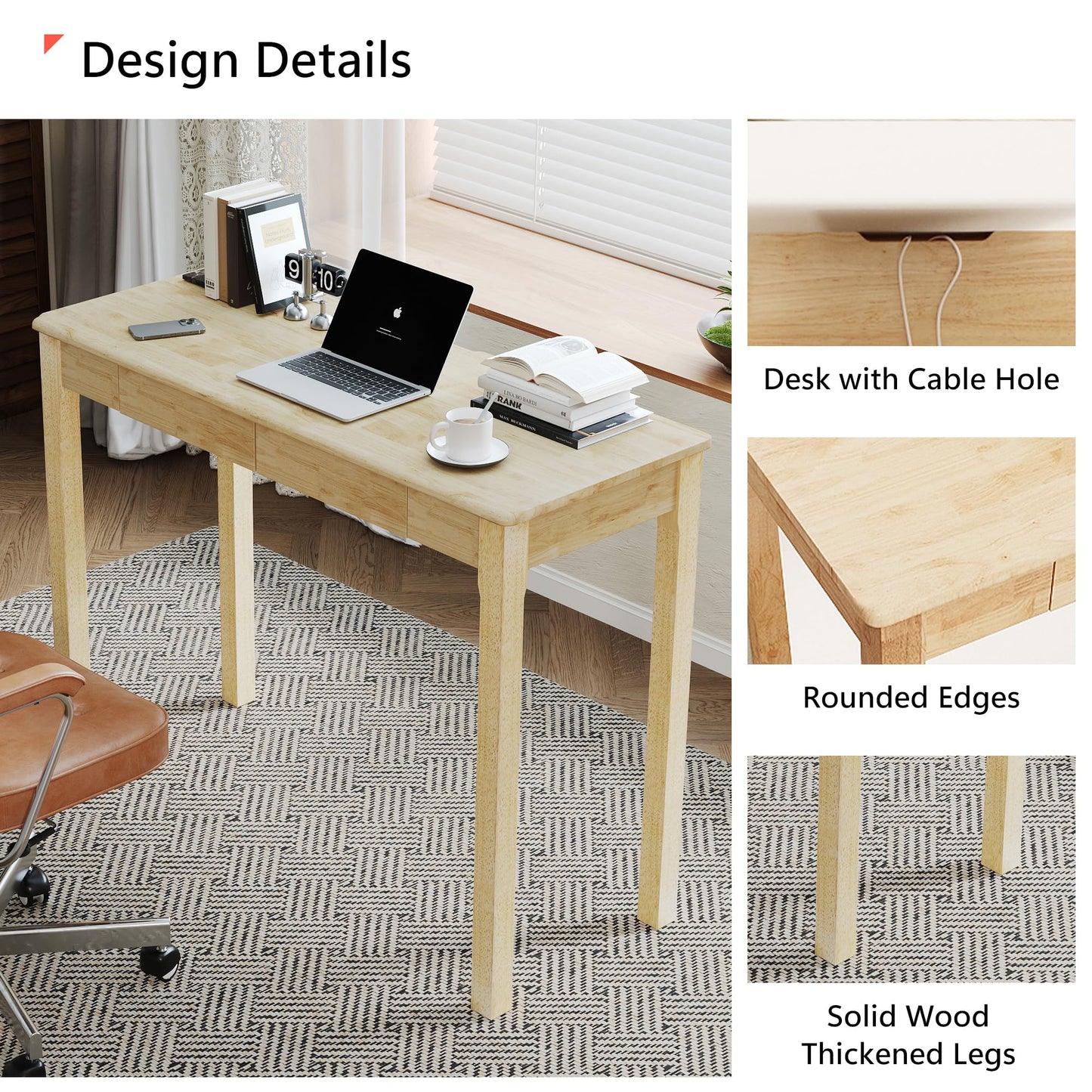 Love-KNPTUS Solid Wood Desk with Drawers - 39" Narrow Desks for Small Spaces, Mid Century Modern Desks, Small Wooden Vintage Computer Writing Desk, Study Table for Home Office Bedroom, Natural