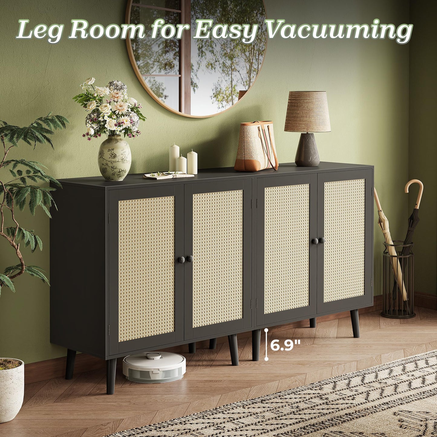 Huuger Buffet Cabinet with Storage, Storage Cabinet with Synthetic Rattan Decor Doors, Solid Wood Feet, for Hallway, Entry, Living Room, Black