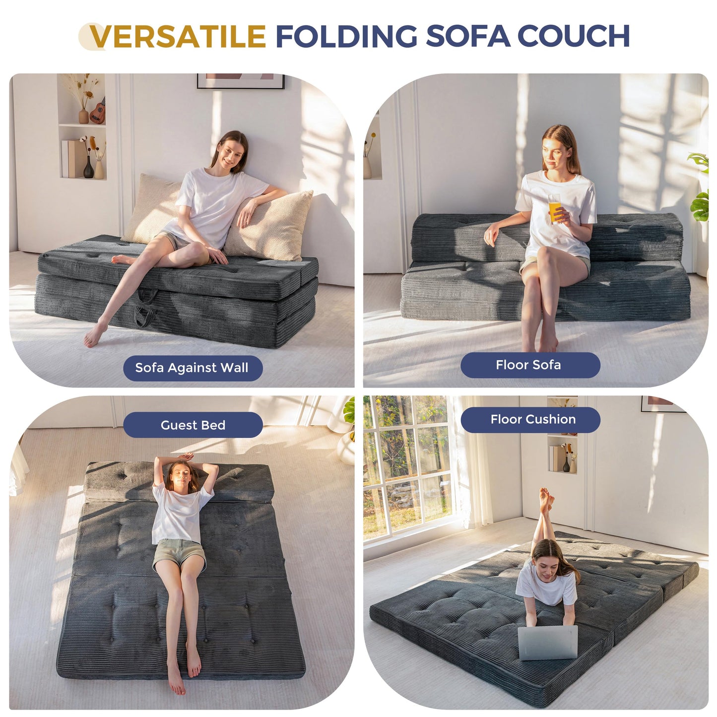 MAXYOYO Foldable Sofa Couch Bed, 4 Inch Tufted Folding Couch, Portable Floor Couch with Handles Guest Bed Topper Portable Camping Mat with Corded Fabric, Twin Size, Dark Grey