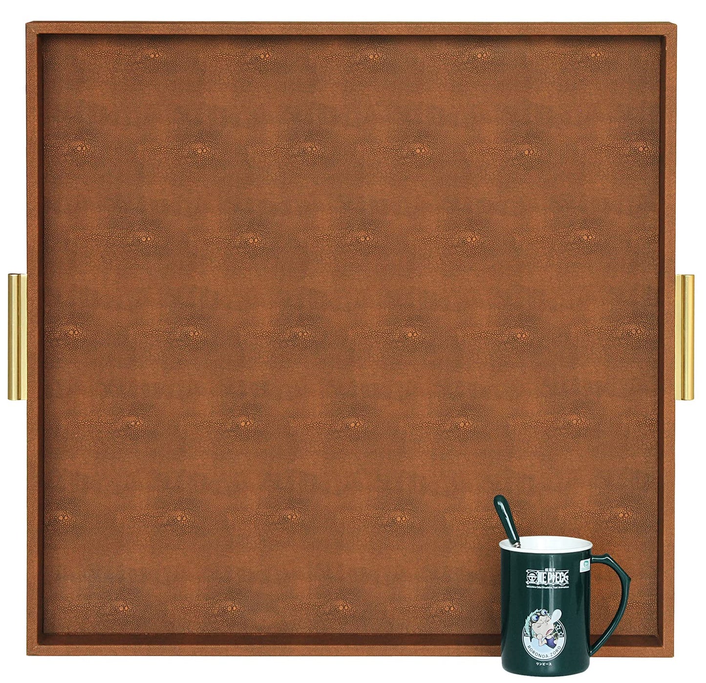 HofferRuffer Extra Large Square Serving Tray, Elegant Faux Leather Ottoman Tray with Gold Hardware Handles, Serve Tea, Coffee or Breakfast in Bed, 24 x 24 inches (Brown Shagreen)
