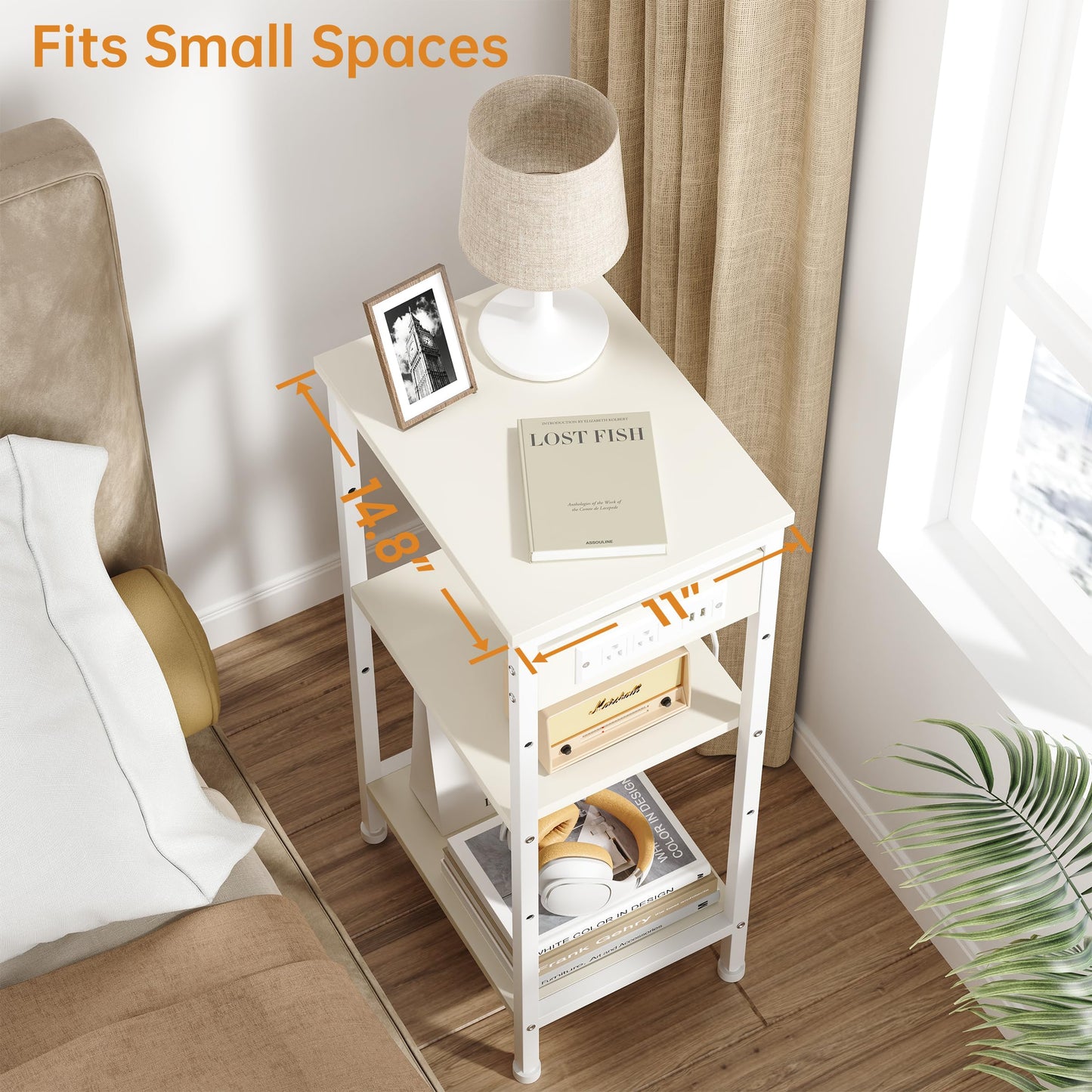 Asgolion Tall End Table with Charging Station, 3 Tier Narrow Tall Nightstand with Storage, Slim Side Table for Bedroom, Living Room, Nursery, Office, Cream White