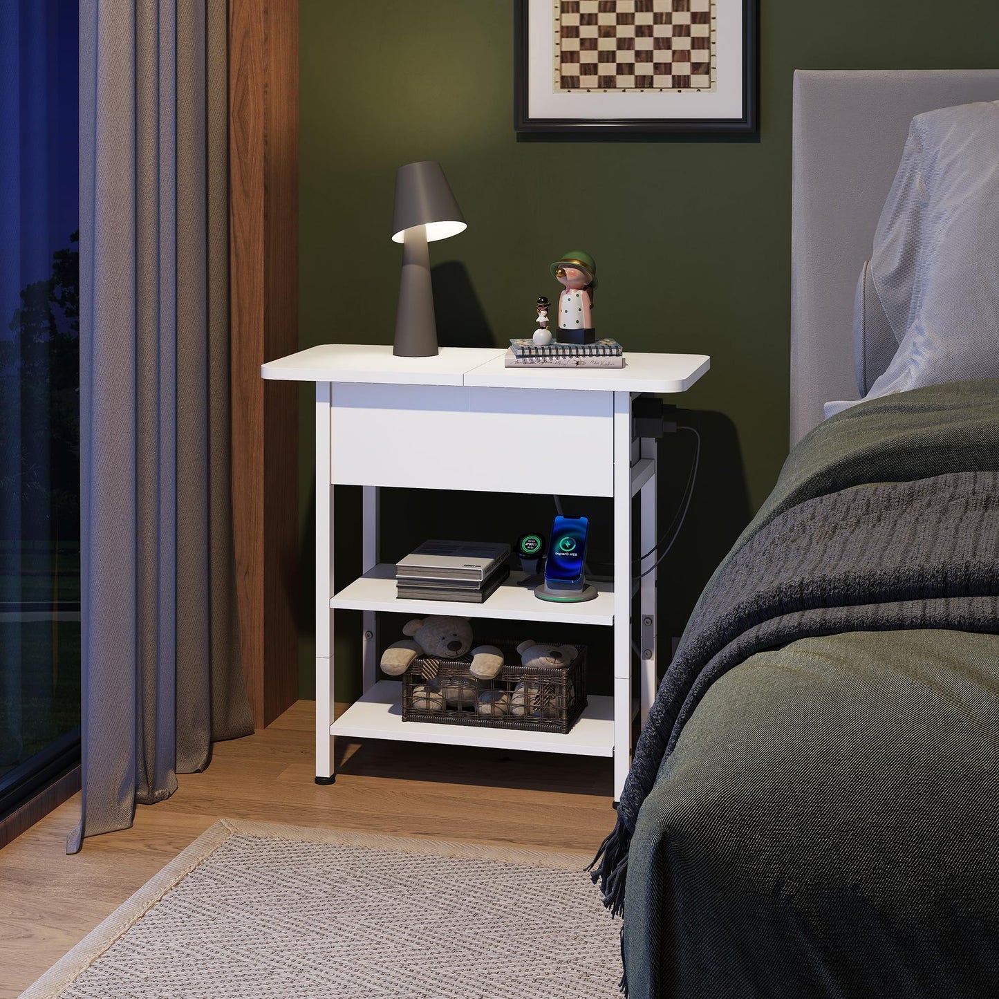 WLIVE End Table with Charging Station, Flip Top Side Table with Storage Shelf, Sofa Couch Table with USB Ports and Outlets, Narrow Bedside Table for Living Room, Bedroom ,11.81"D x 23.62"W x 24.33"H
