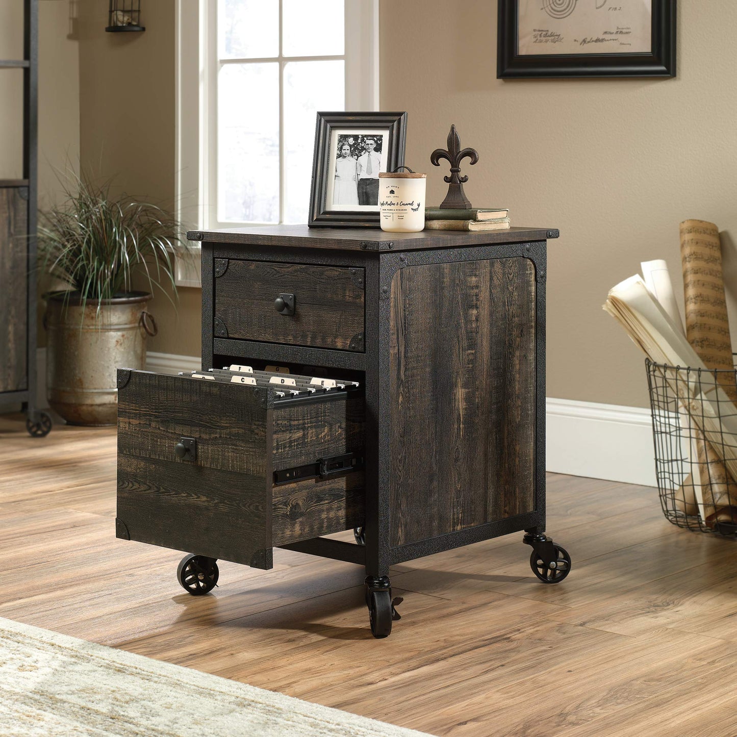 Sauder Steel River File Pedestal, L: 20.87" x W: 23.86" x H: 26.58", Carbon Oak Finish