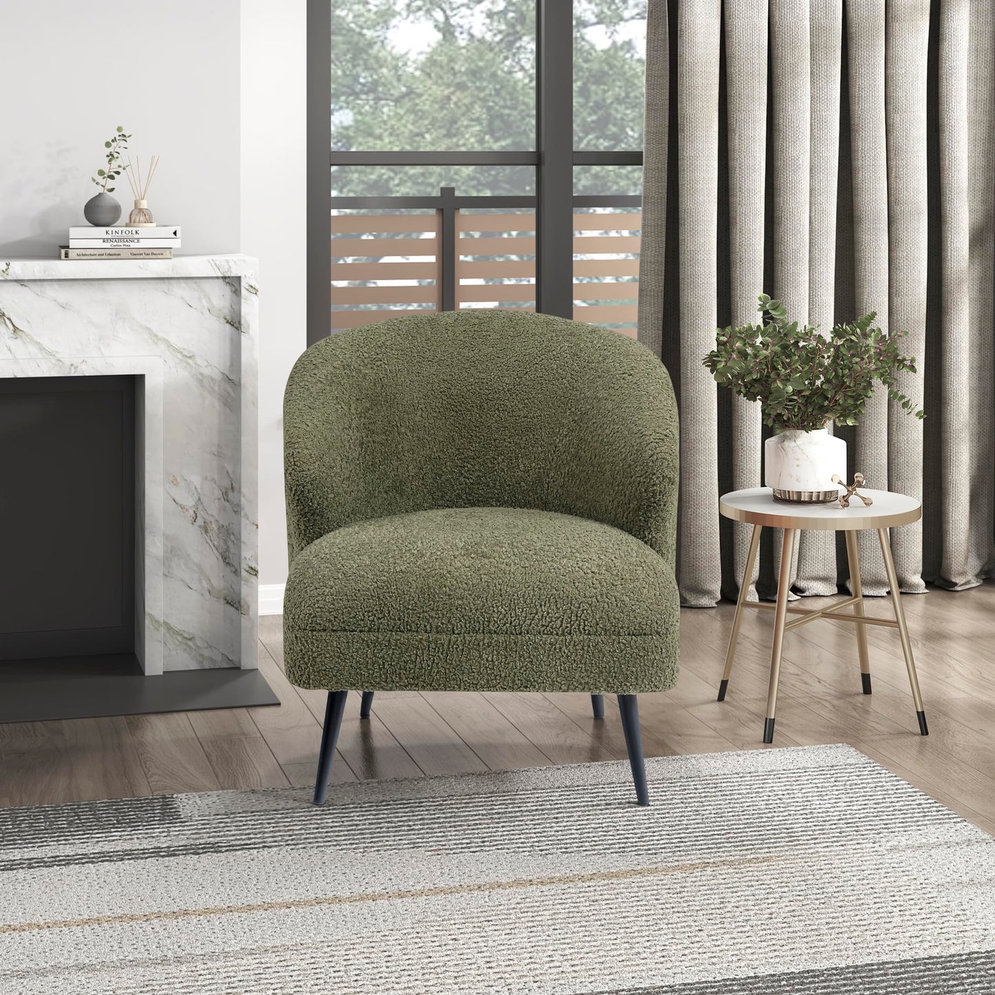 Lexicon Modern Accent Chair, Boucle Fabric Upholstered Single Sofa Chair with Curved Back for Living Room/Bedroom/Office/Apartment, Green