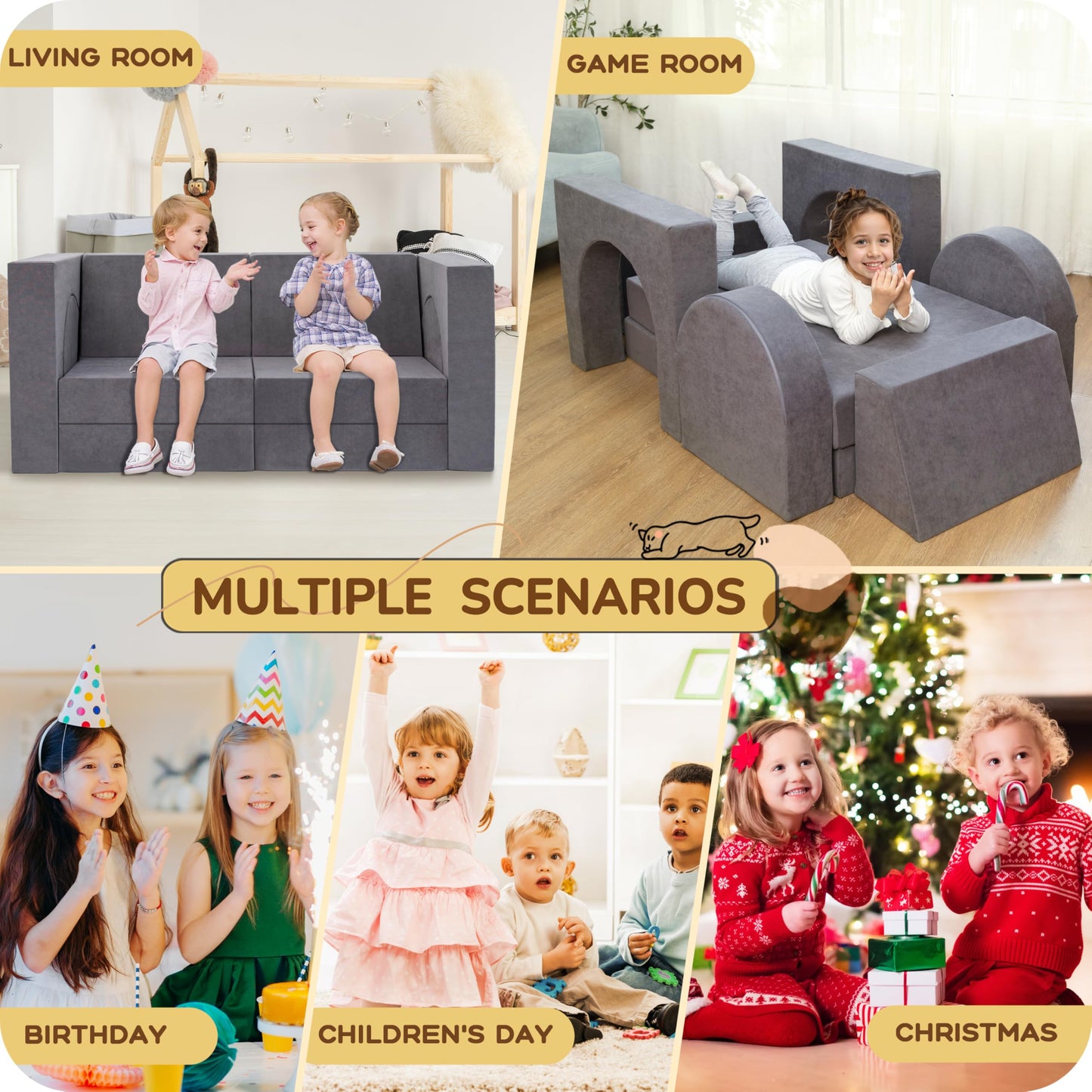 Fvkind 10 Pcs Modular Kids Play Couch, Multifunctional Foam Kids Couch for Playroom, Convertible Sectional Toddler Sofa for Boys and Girls, Toddler Sofa with Premium Foam and Washable Cover, Grey