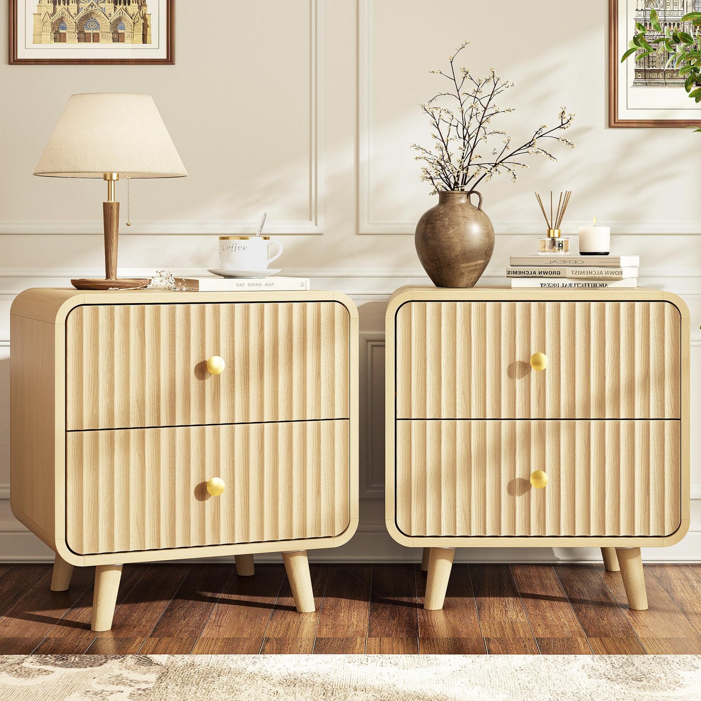 Decofy Fluted Nightstands with 2 Drawers, 19.7'' Wide Wood End Table with Curved Profile Design, Mordern Beside Table with Metal Handle for Bedroom, Oak