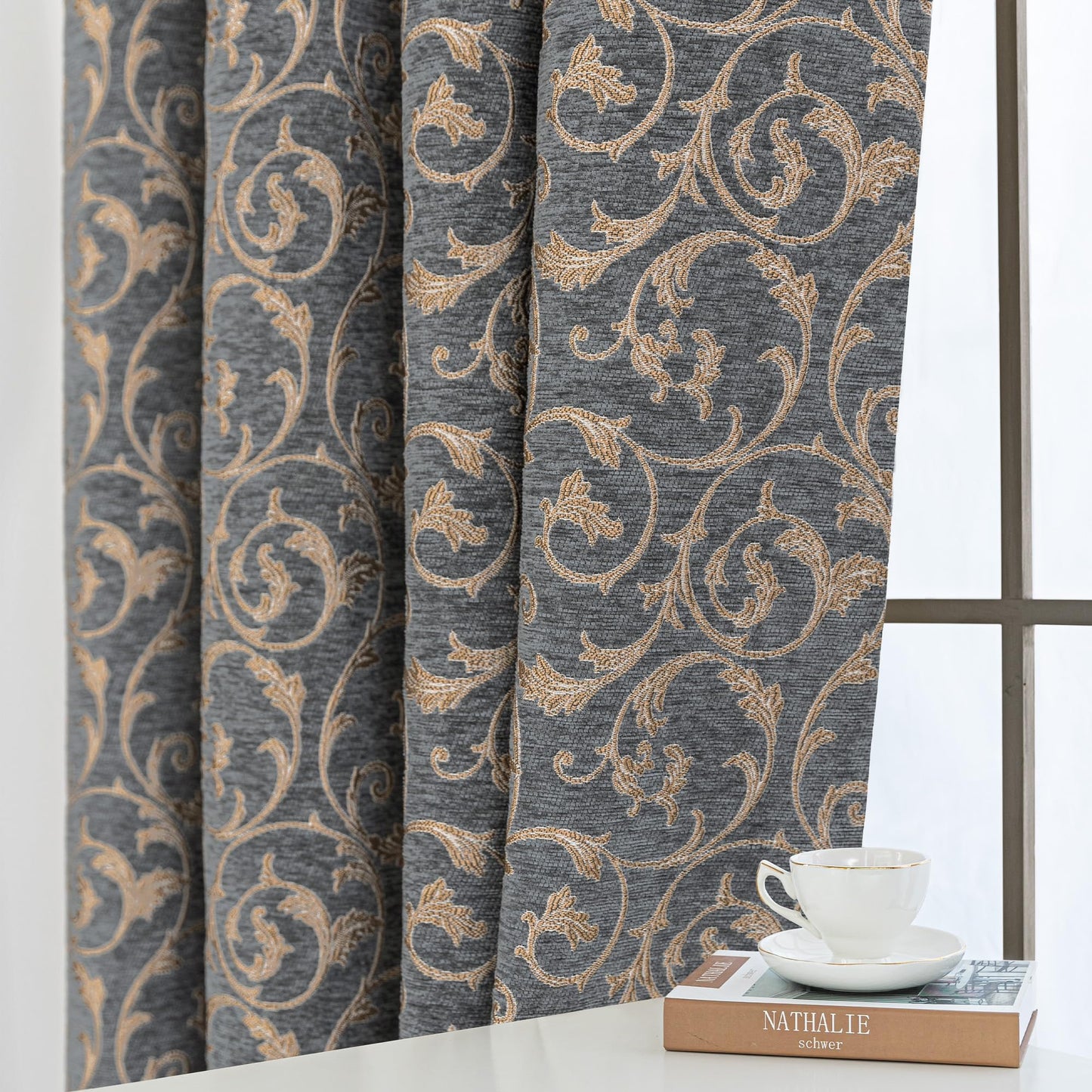Loom and Mill Elegant Damask Window Curtain Panels for Bedroom Living Room, Classic Acanthus Chenille Jacquard Curtains 84 inches Long with Lining and Matching Tiebacks, Rod Pocket(2 Panels, 52x84)