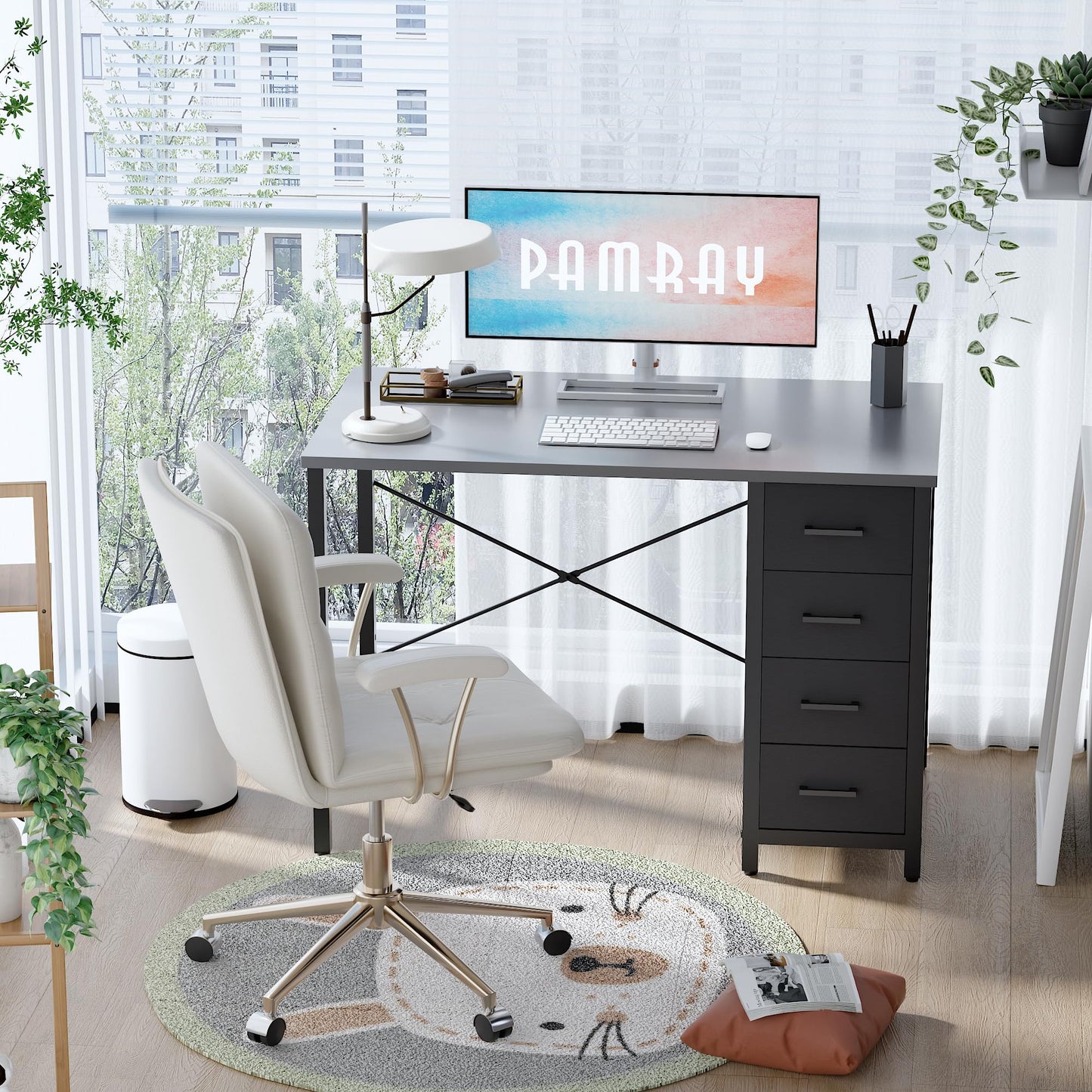 Pamray 32 Inch Computer Desk with 4 Drawers Small Office Desk for Home Bedroom Study Writing Simple Modern Computer Table Grey
