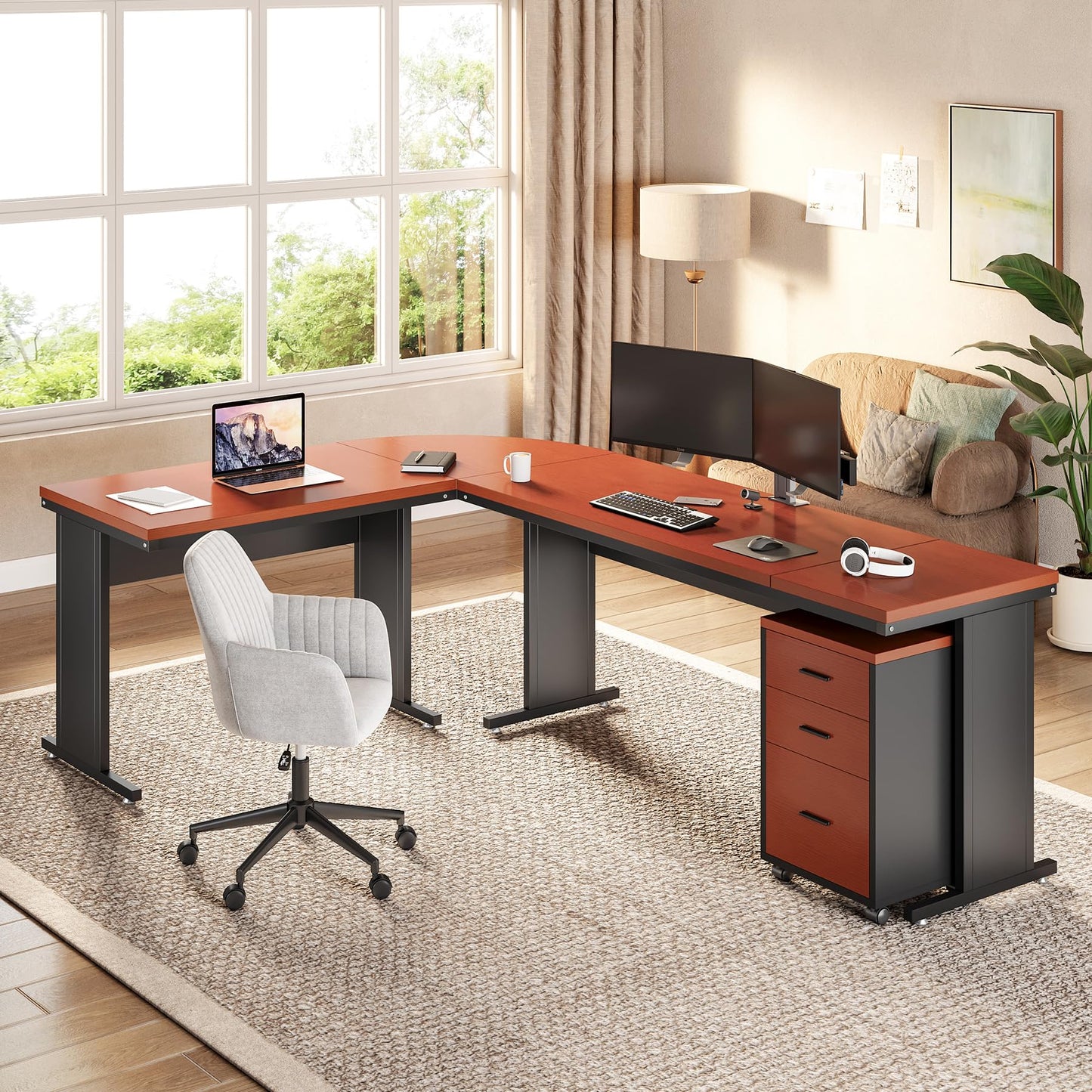 LITTLE TREE 82.67" Long Executive Desk with Drawers, Large L-Shaped Office Desk with Mobile File Cabinet, Farmhouse Computer Office Furniture Workstation with Storage for Home Office, Red Brown