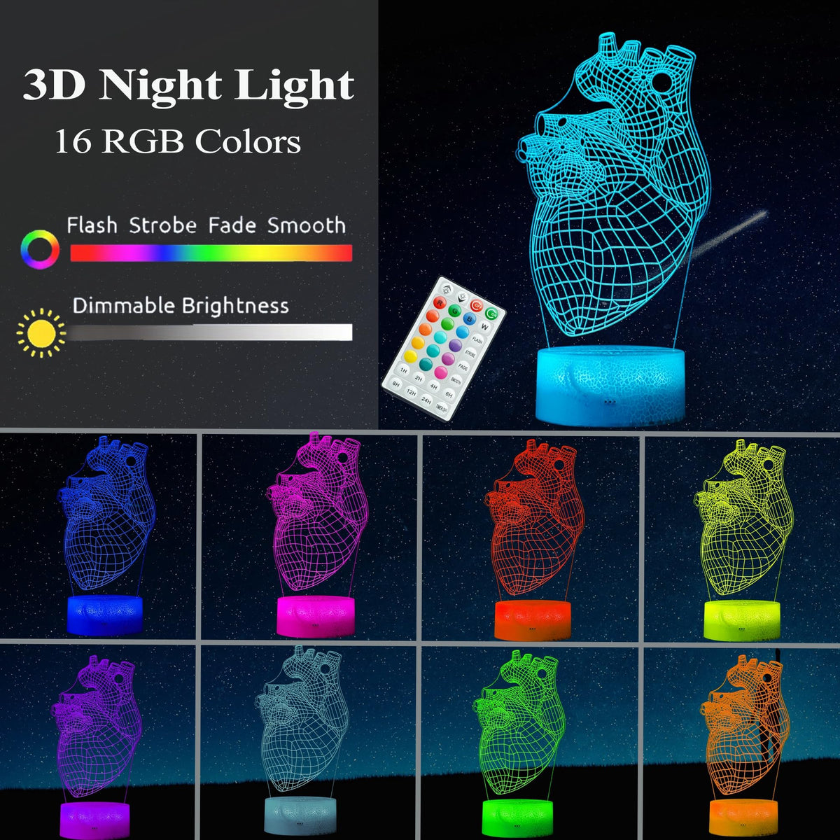 POSSHE Heart Anatomy Illusion Lamp, Cardiology Gifts, 3D Night Light, 16 Colors Changing, Timer, 4 Flash Modes and Dimmable, Kids Room Decoration, Xmas Heart Model Gifts