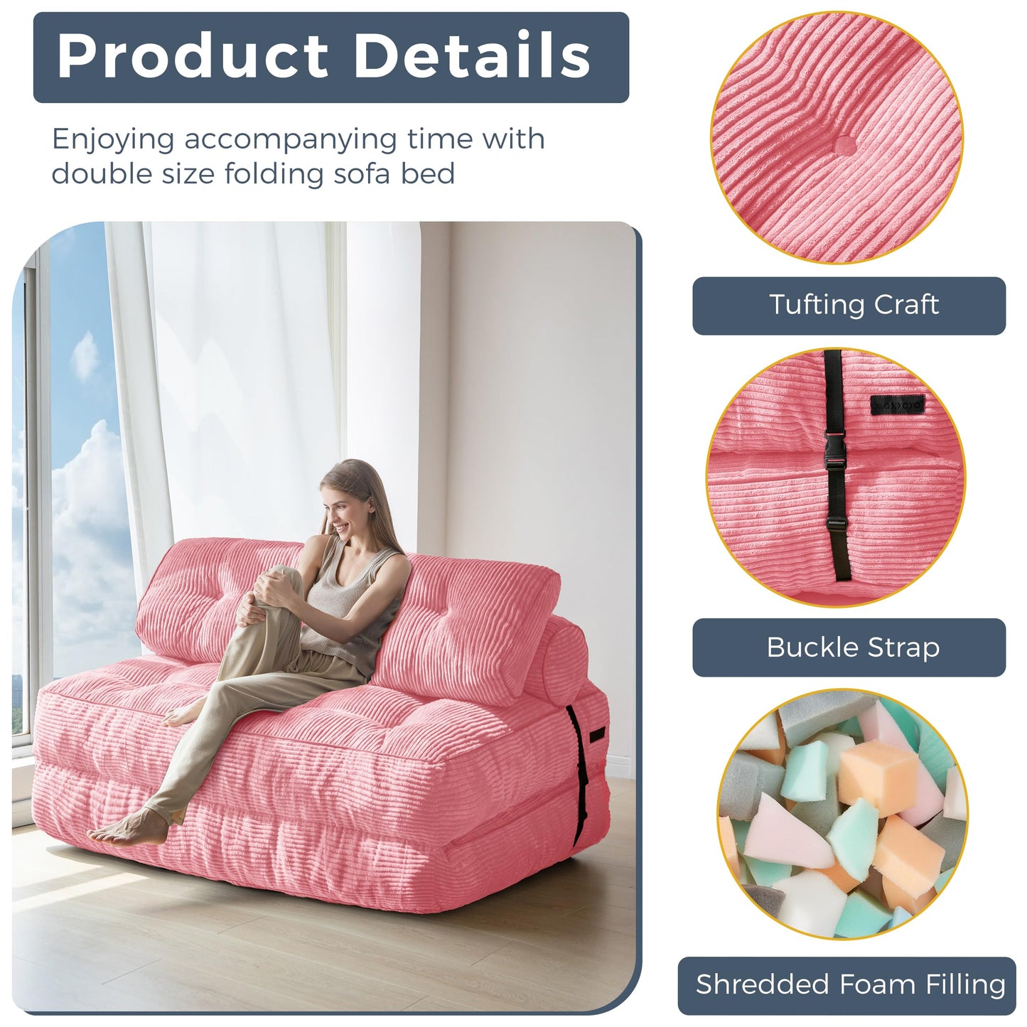 MAXYOYO Folding Sofa Bed, Convertible Chair with Pillow Foldable Couch with Back Support, Portable Fold Out Chair Bed Comfy Floor Sofa Lounge for Living Room Bedroom, Pink Double