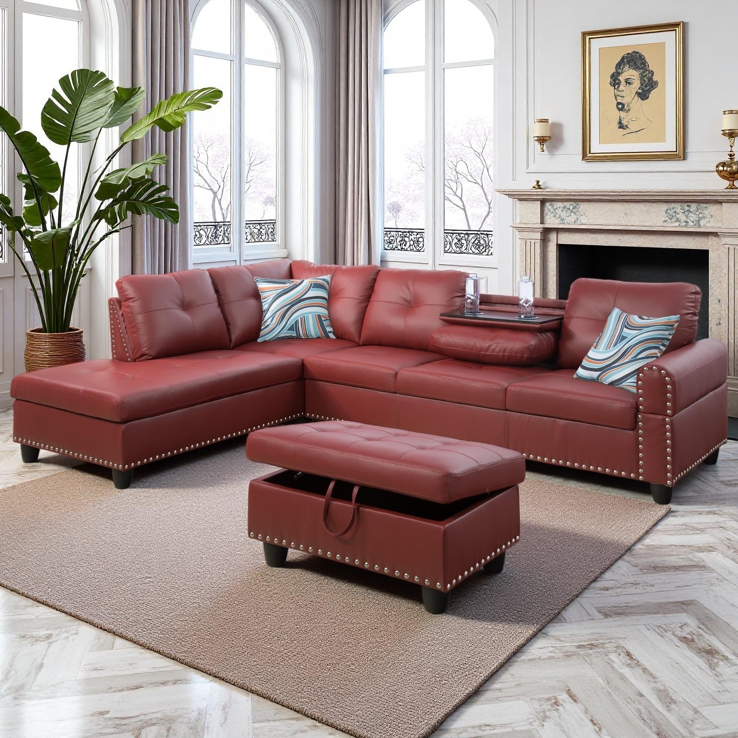 Topcomfy 97.5" Red L Shaped Couch Set Leather, Modular Sectional Couches for Living Room with Storage Ottoman, 4 Seat Home Sofa Living Room Furniture Sets with Chaise for Apartment Office