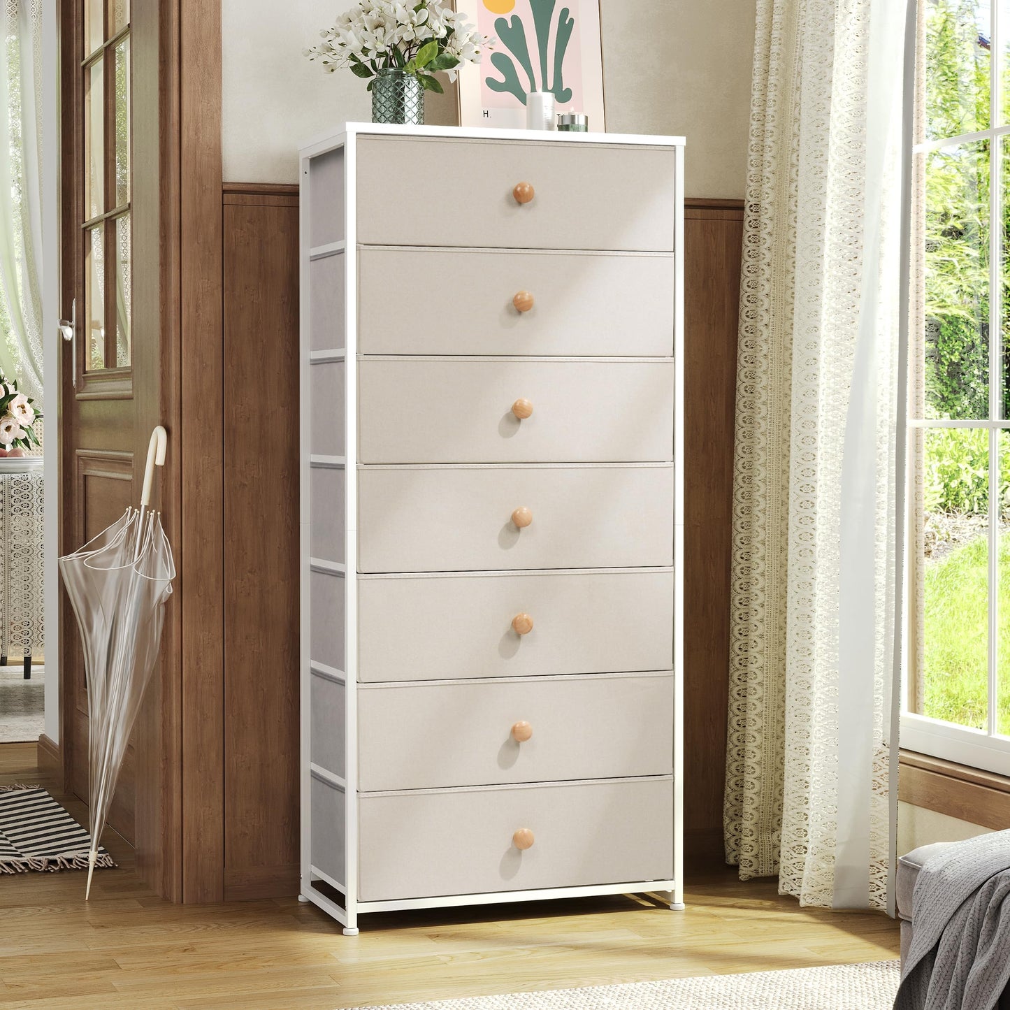 Crestlive Products Tall Dresser, 7-Drawer Wide Fabirc Storage Tower, Chests of Drawers - Vertical Organizer Unit for Bedroom, Hallway, Entryway, Nursery, Wood Top, Closets with Handles (Beige)