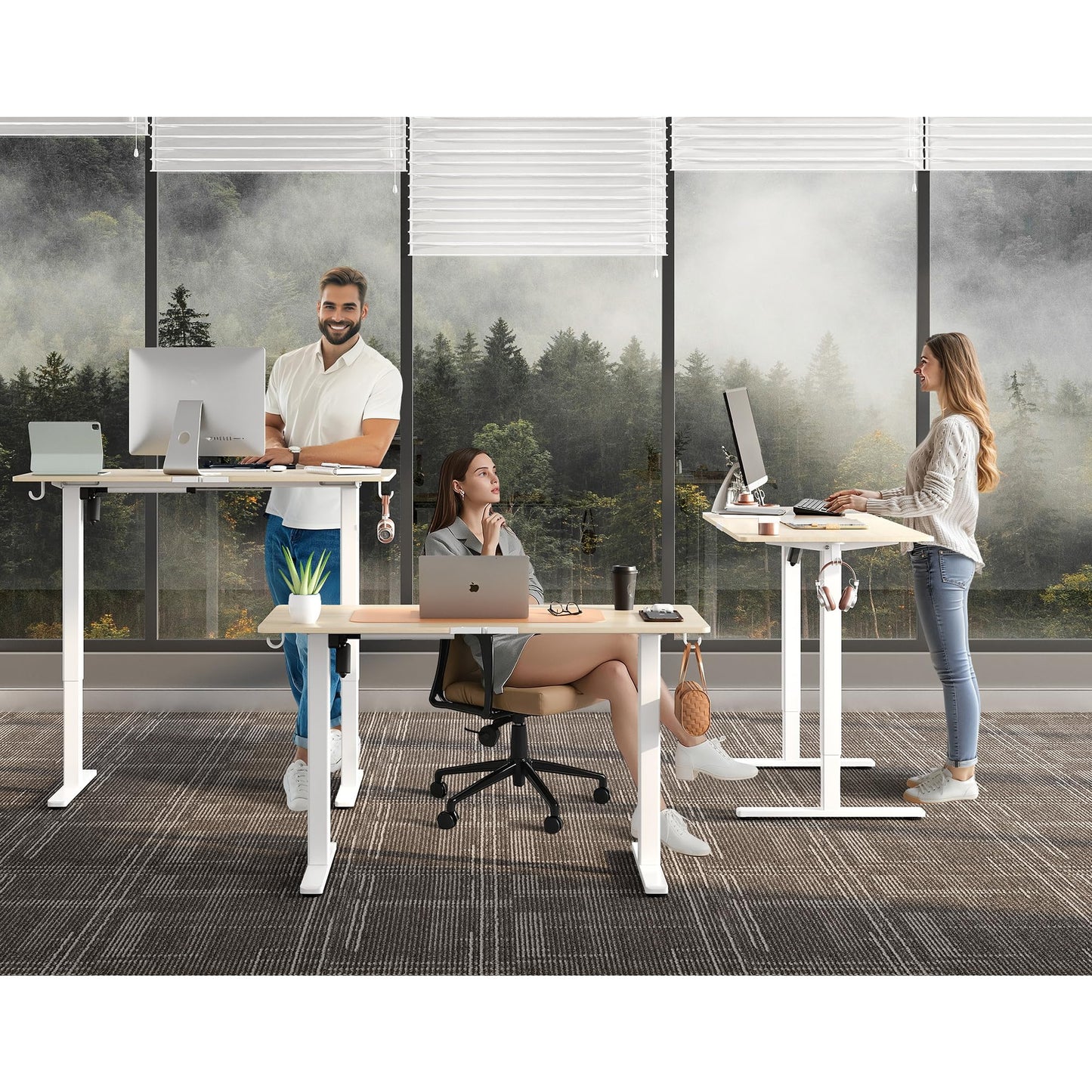 Gamork Electric Standing Desk,48x24 Inches Adjustable Height Stand up Desk, Sit Stand Home Office Desk with Splice Board, 3 Preset Heights,Equipped with Hooks,Ergonomic Computer Workstation，Nature