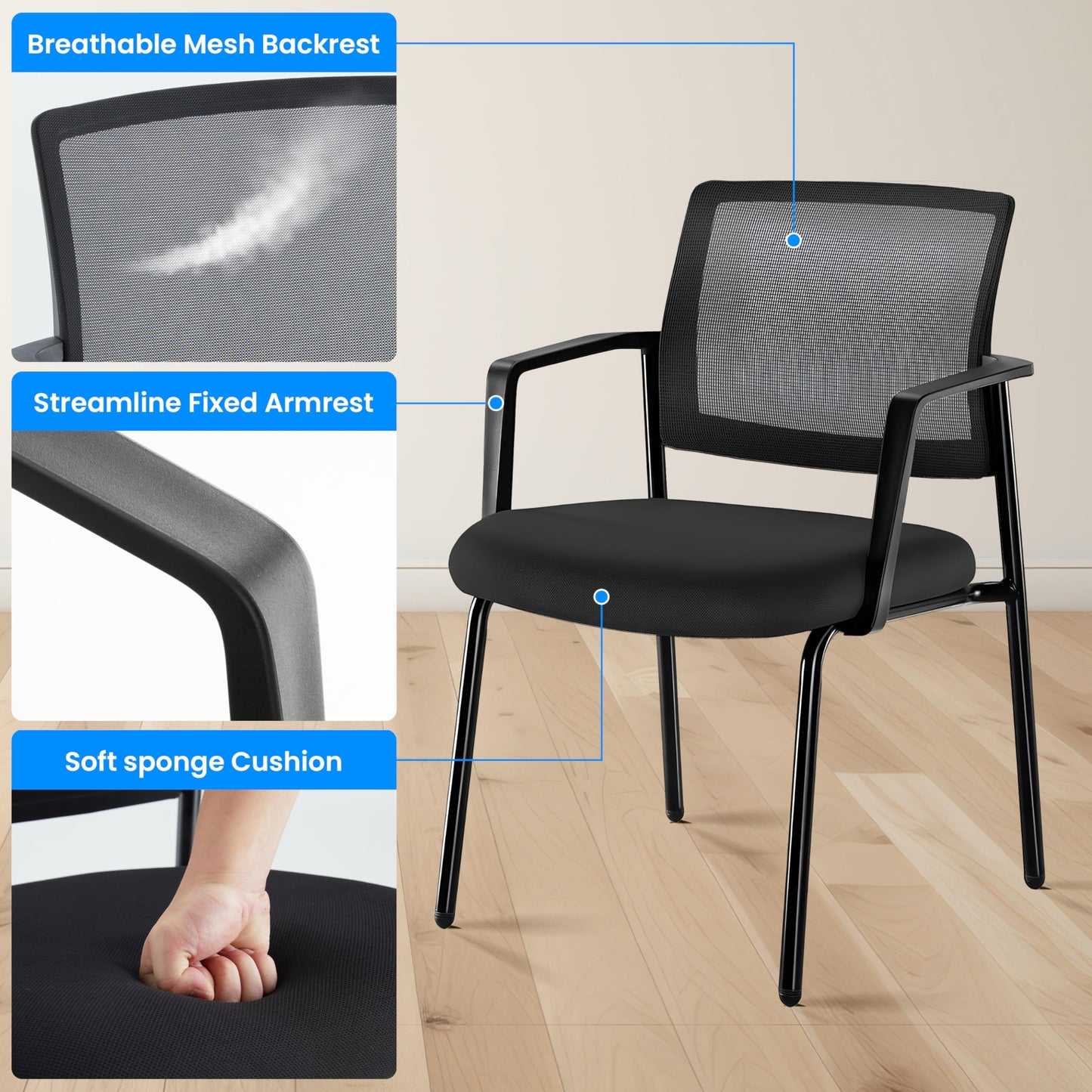 Simple Deluxe Guest Waiting Room Office Arm Chairs 2 Pack No Wheel for Reception Meeting Conference, Stacking Padded Fabric Seat, Mesh Back & Ergonomic Support Rest for Lobby Home Computer Desk