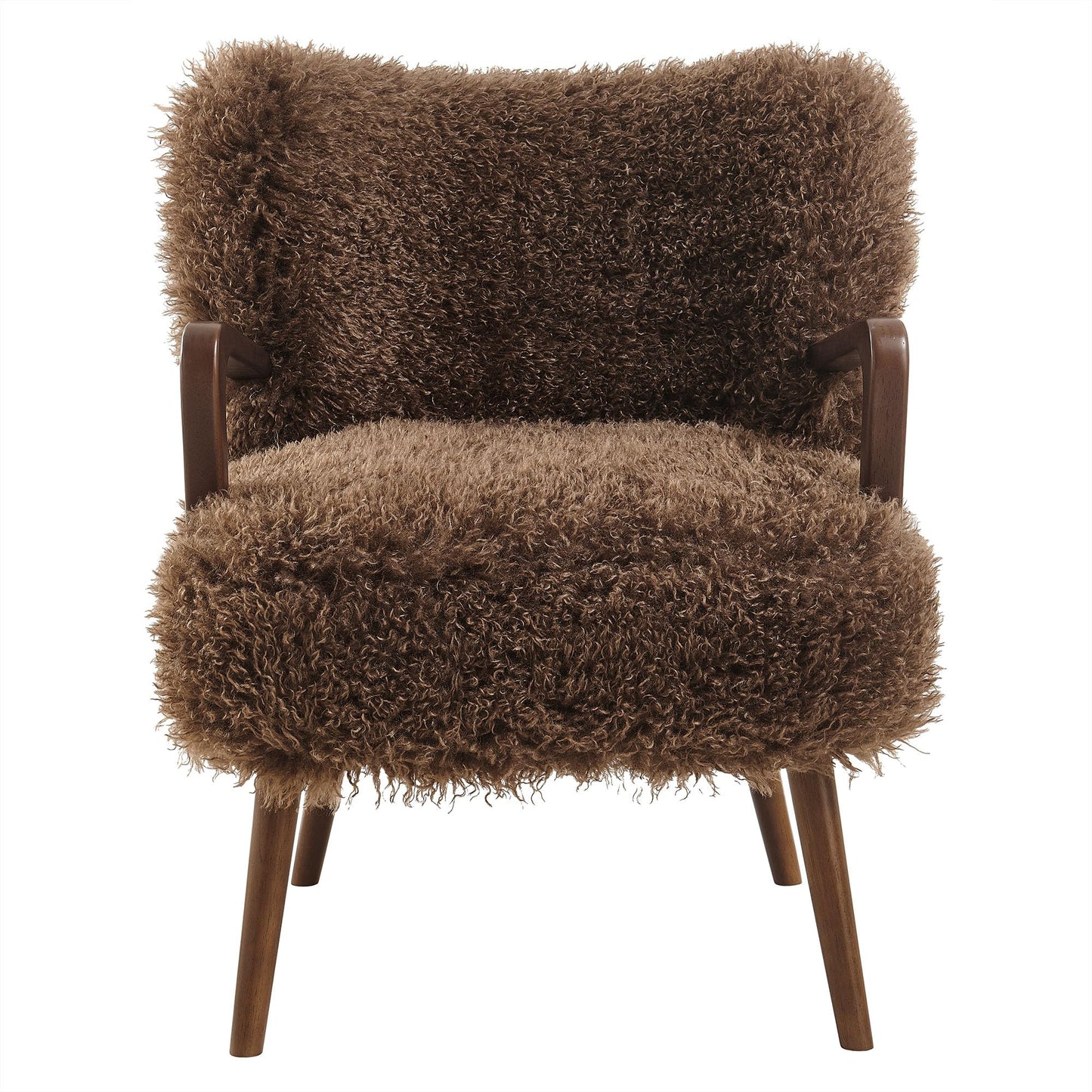 Modway Zerra Upholstered Faux Shearling Lounge Chair in Brown – Mid-Century Modern Accent Armchair with Wood Frame – Fuzzy Fabric Single Sofa Chair