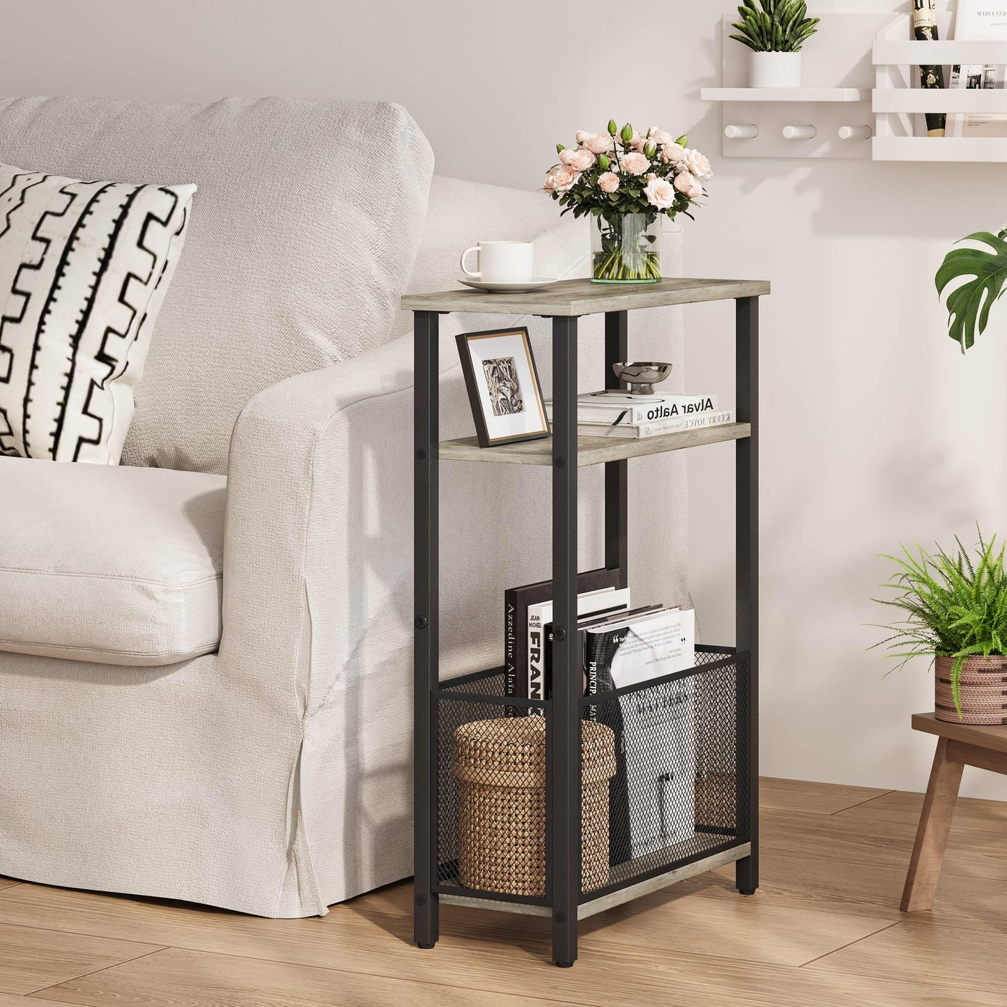 MMEOLUOOK Narrow Side Table with Storage Basket Skinny End Tables for Smalls Spaces 3 Tier Sofa Table Small Nightstand Slim Bedside Table for Living Room Bedroom Oak MLBZ22Q