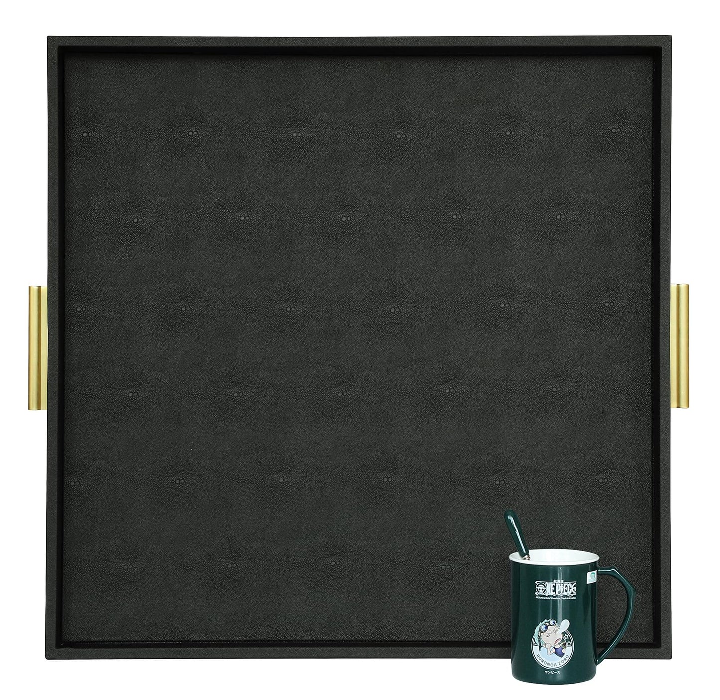 HofferRuffer Extra Large Square Serving Tray, Elegant Faux Leather Ottoman Tray with Gold Hardware Handles, Serve Tea, Coffee or Breakfast in Bed, 24 x 24 inches (Black Shagreen)