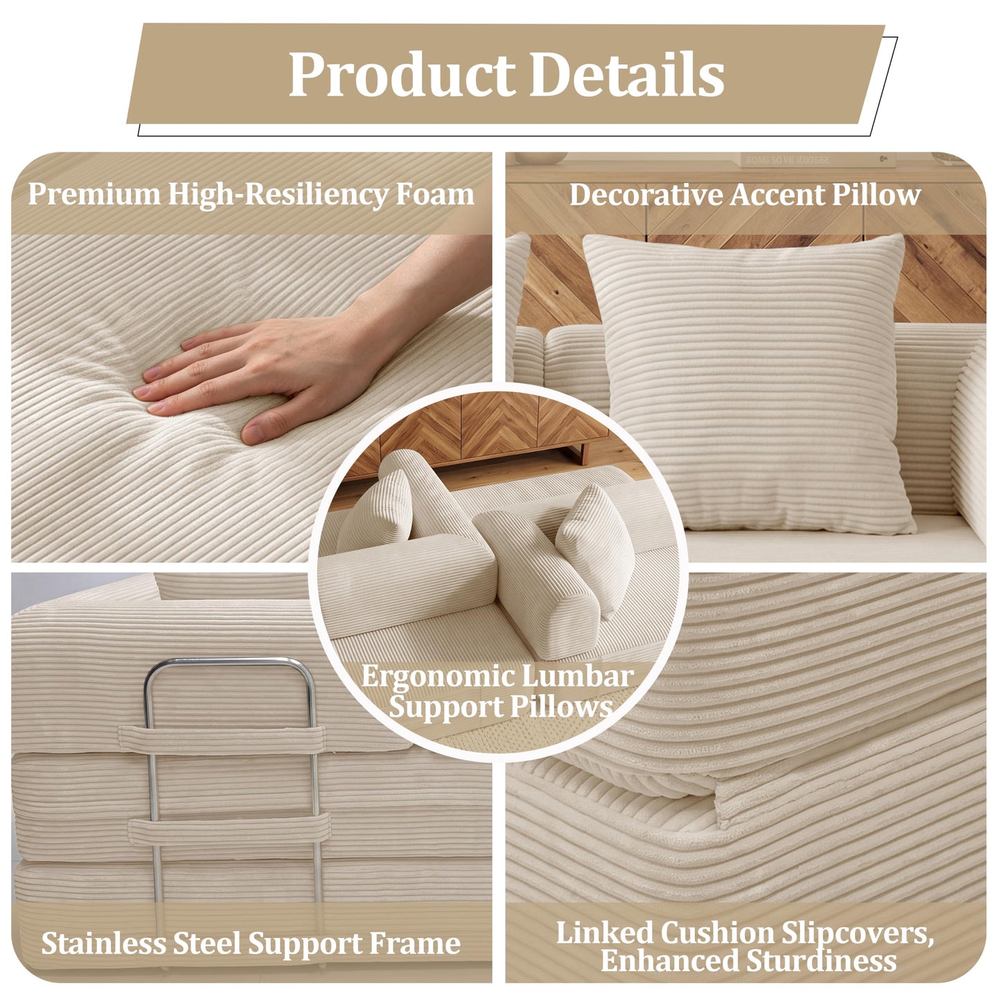59'' Convertible Compressed Corduroy Folding Cloud Sofa Bed, Modern Boneless Pull Out Loveseat Sleeper in a Box, 4 in 1 Floor Mattress Futon Fluffy Couch, No Assembly Needed, Beige, 2 Pillows, Full
